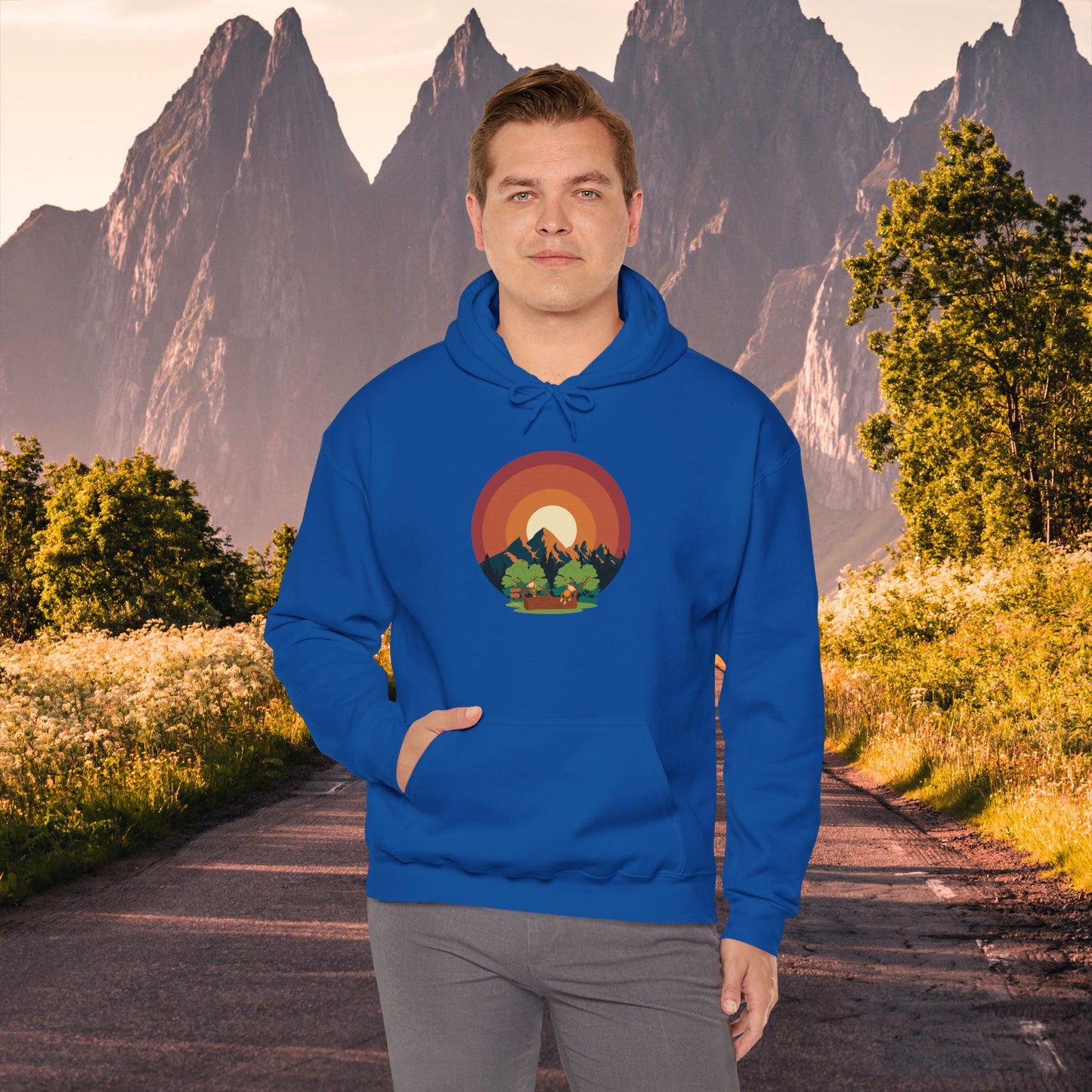 Hooded Sweatshirt - Mountain Forest and Playful Monkeys Design