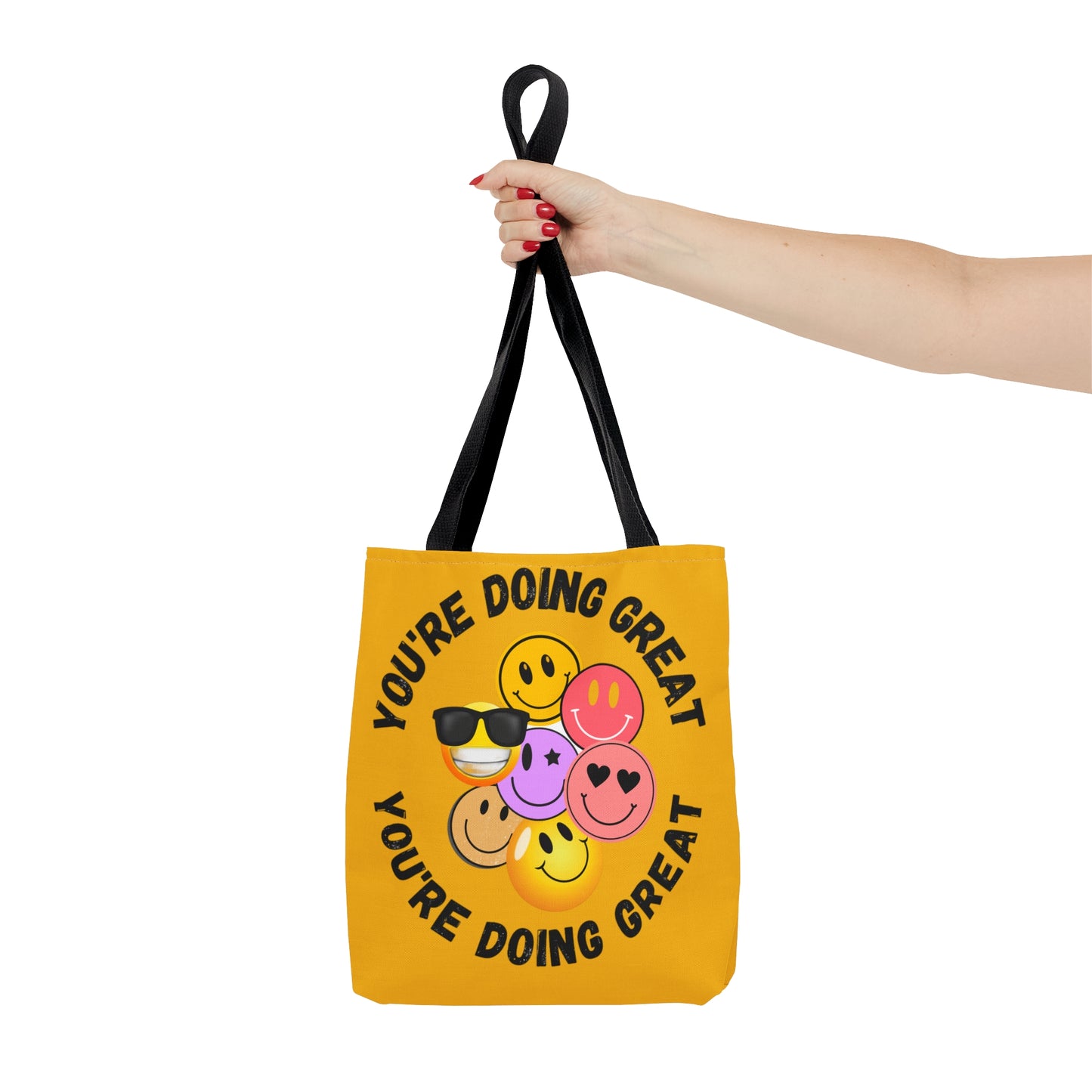 Positive feedback “YOU ARE DOING GREAT” makes us smile with this colorful Tote Bag in 3 sizes to meet your needs.