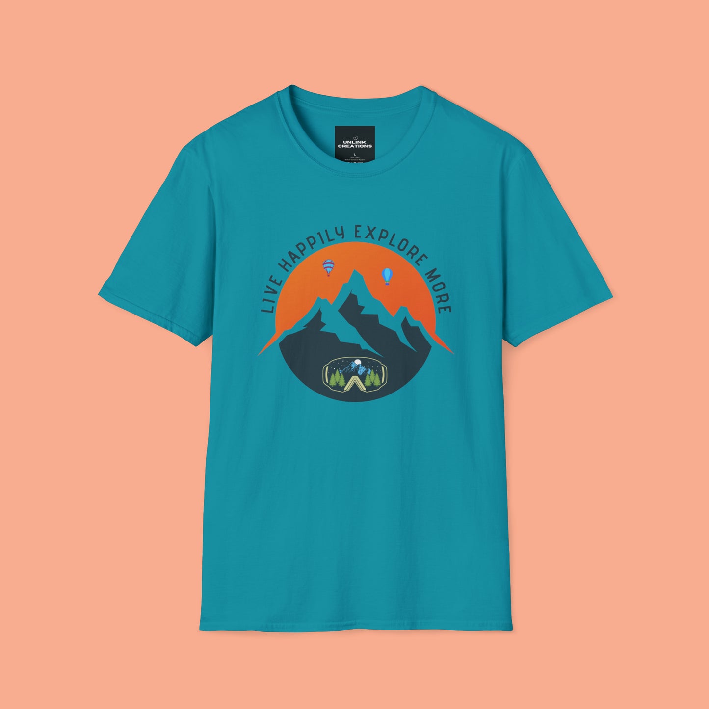 “LIVE HAPPILY EXPLORE MORE” message on this mountain sports inspired Unisex Softstyle T-Shirt.