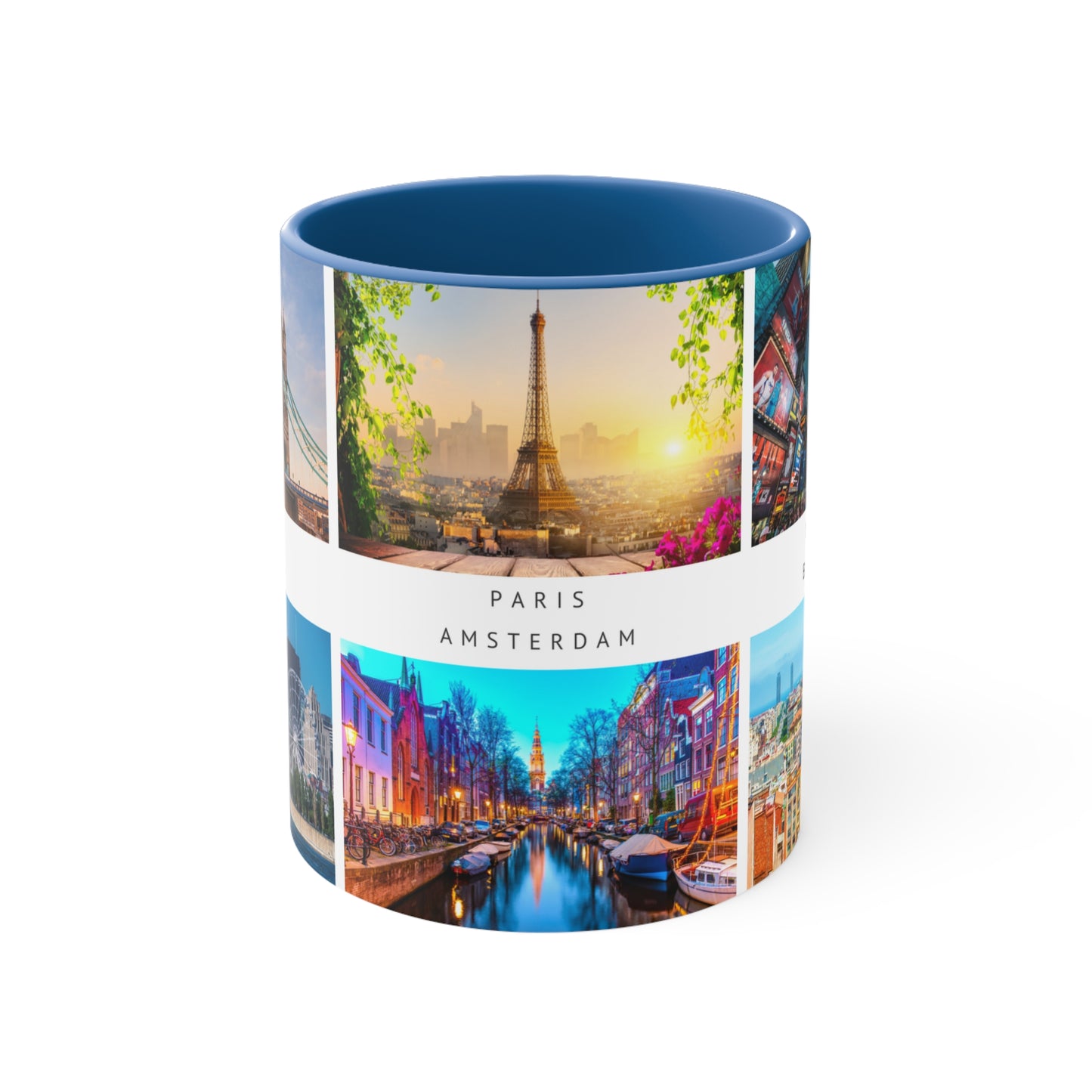 London, Montreal, Paris, Amsterdam, New York and Barcelona! This Travel Accent Coffee Mug is a part of a Travel Series for you to choose from. 11oz. Great as a gift or get one to enjoy yourself.