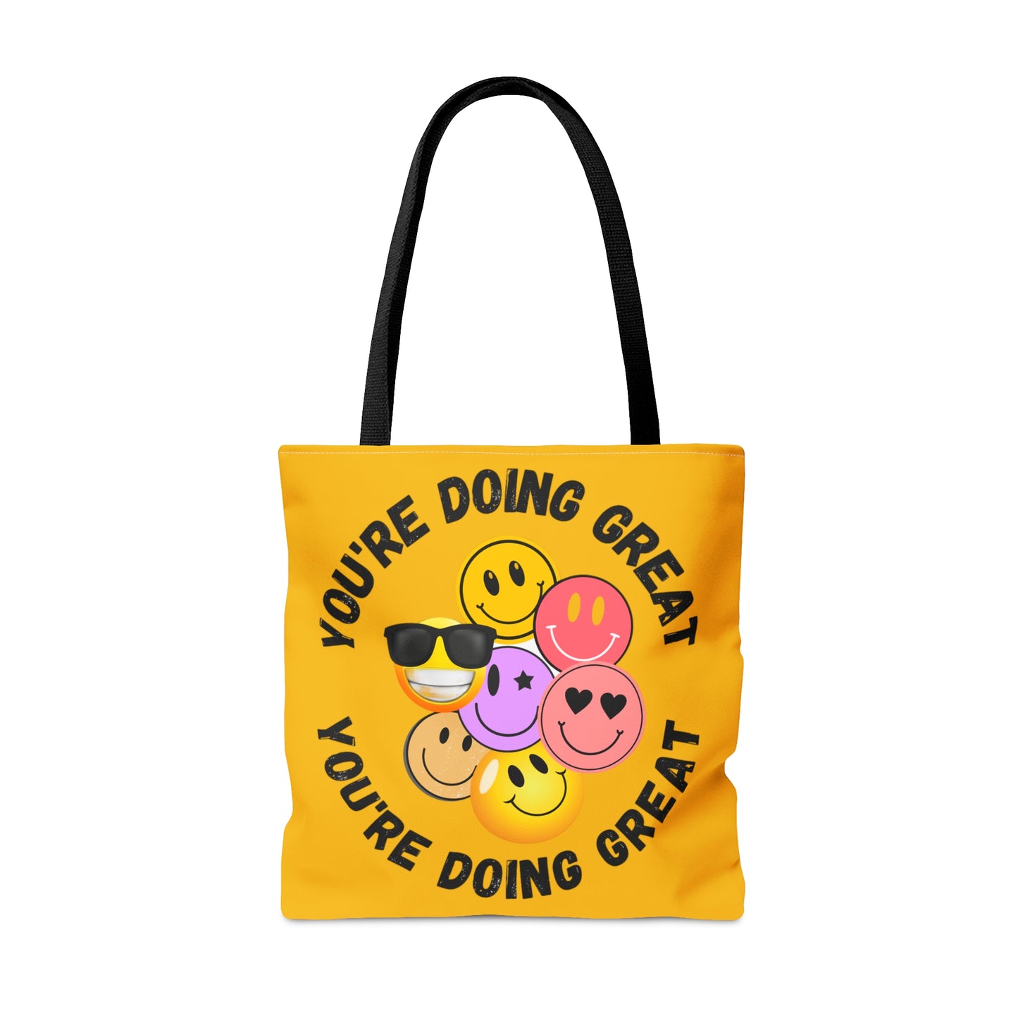 Positive feedback “YOU ARE DOING GREAT” makes us smile with this colorful Tote Bag in 3 sizes to meet your needs.