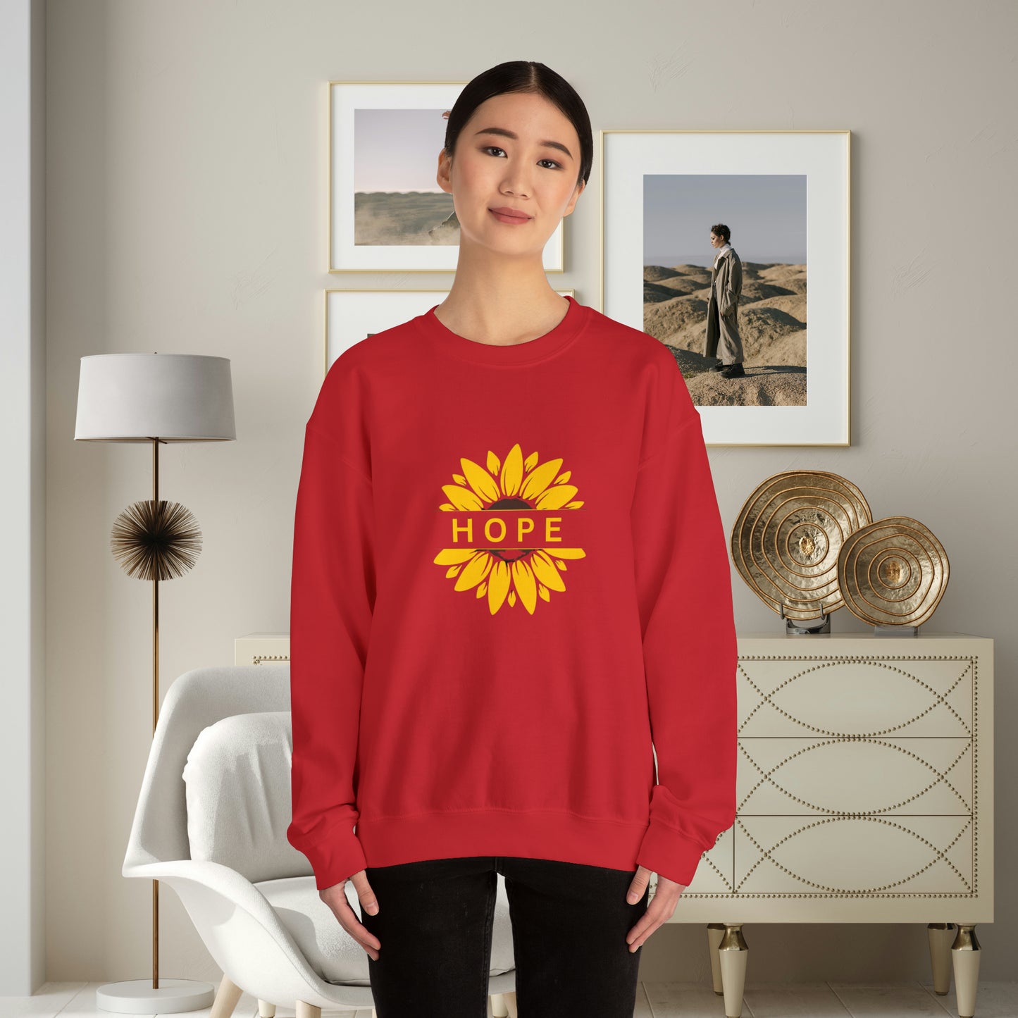 Beautiful sunflower with to inspire  “HOPE” comfy sweatshirt. Give the gift of this Unisex Heavy Blend™ Crewneck Sweatshirt or get one for yourself.