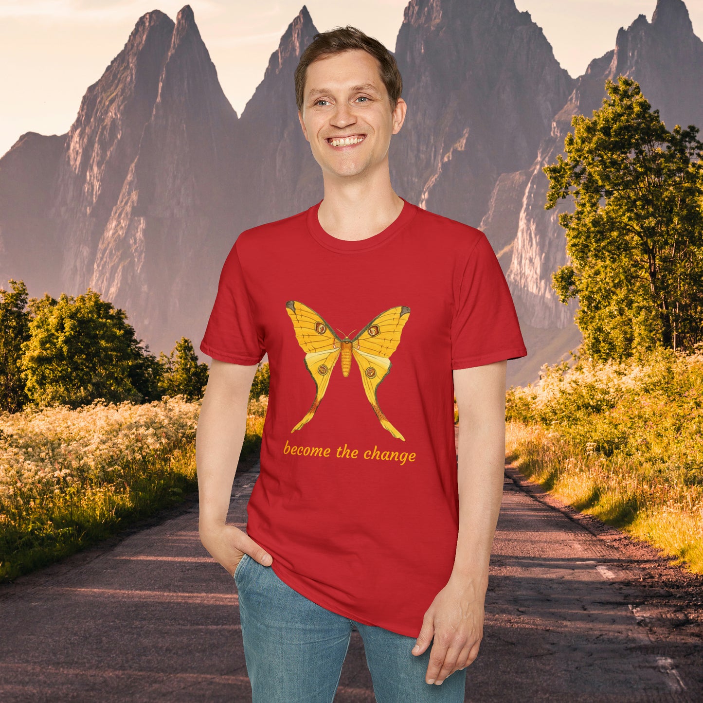 Beautiful butterfly “become the change”  Unisex Softstyle T-Shirt design. A great and timeless message on a shirt.