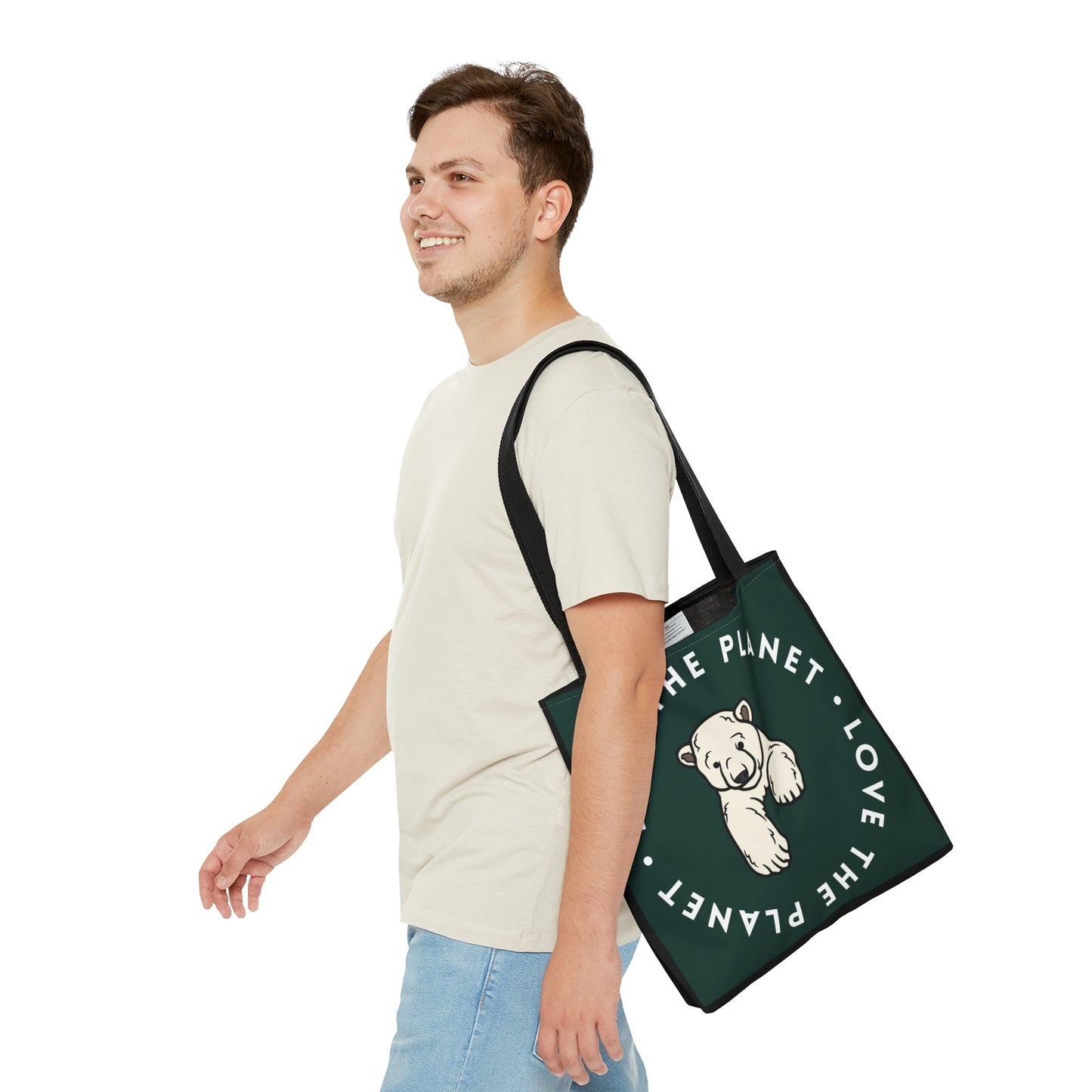 Polar bear inside a  “LOVE THE PLANET” Tote Bag in 3 sizes to meet your needs. Available in black.