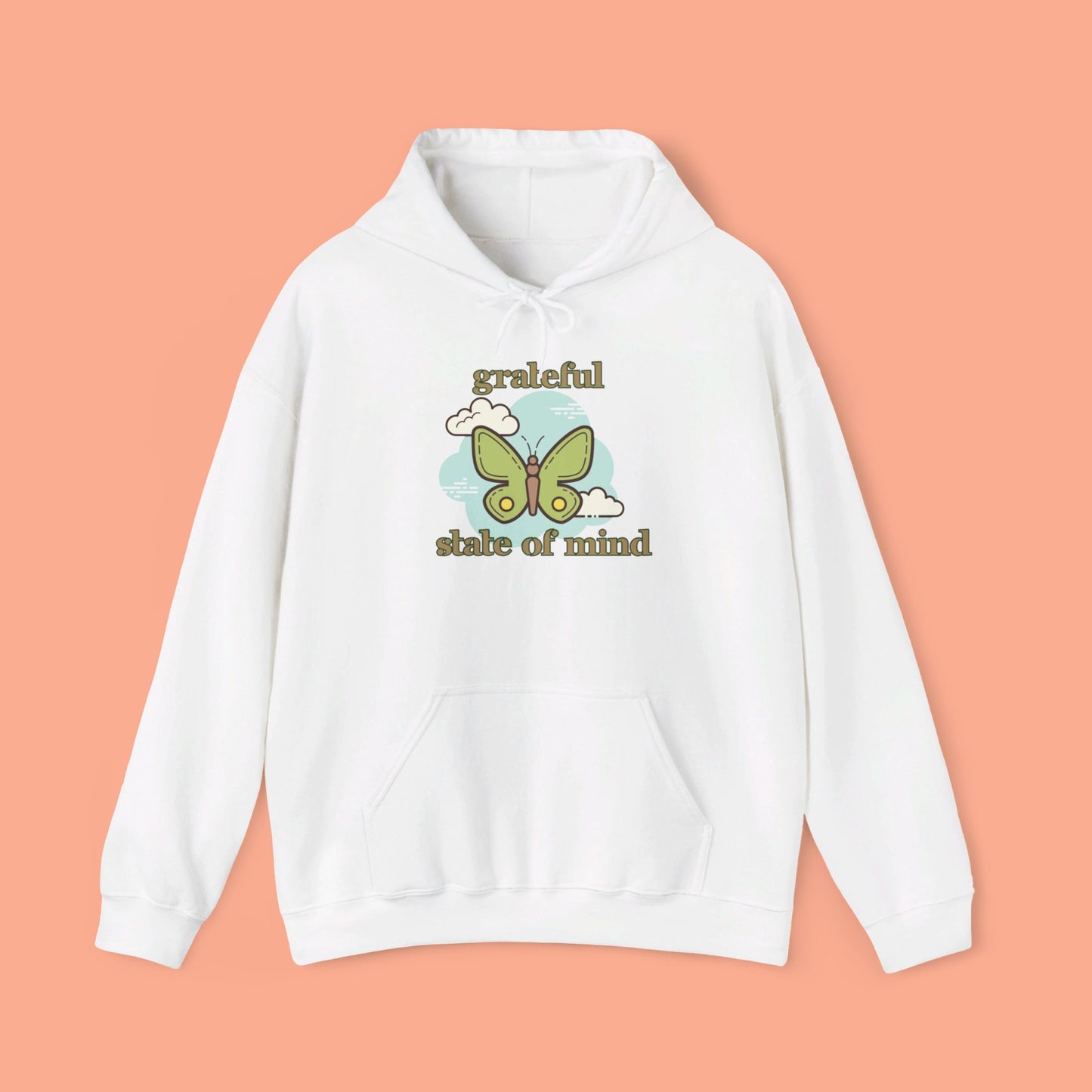 Grateful state of mind around a simple butterfly design on this Unisex Heavy Blend™ Hooded Sweatshirt