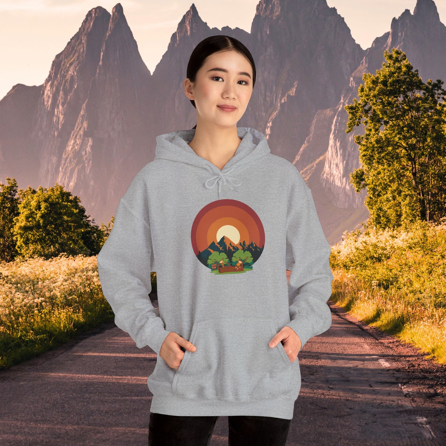 Hooded Sweatshirt - Mountain Forest and Playful Monkeys Design