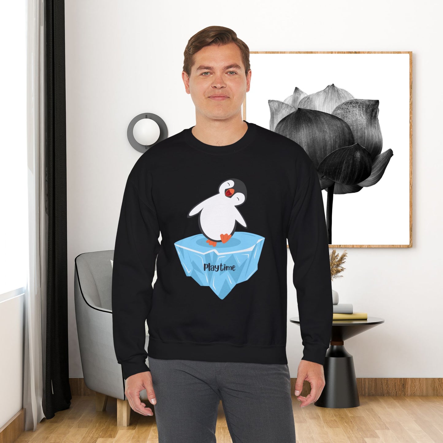 Playtime! Cute and happy penguin on an iceberg design. Give the gift of this Unisex Heavy Blend™ Crewneck Sweatshirt or get one for yourself.