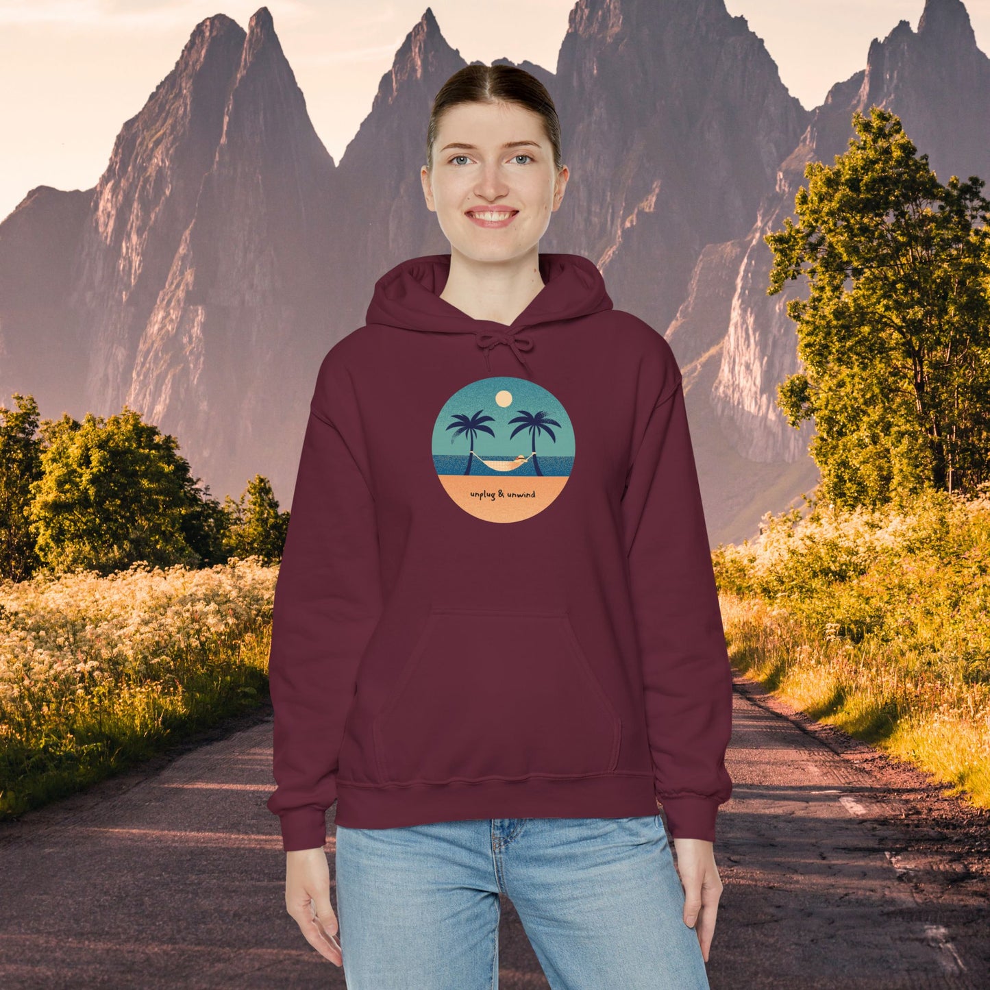 Beach Scene Hooded Sweatshirt - Unplug & Unwind Design