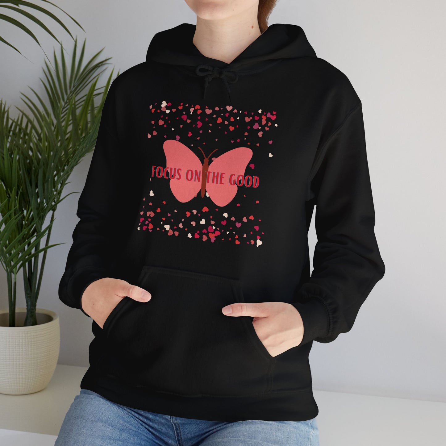 Focus on the good message on this butterfly and heart filled designed Unisex Heavy Blend™ Hooded Sweatshirt