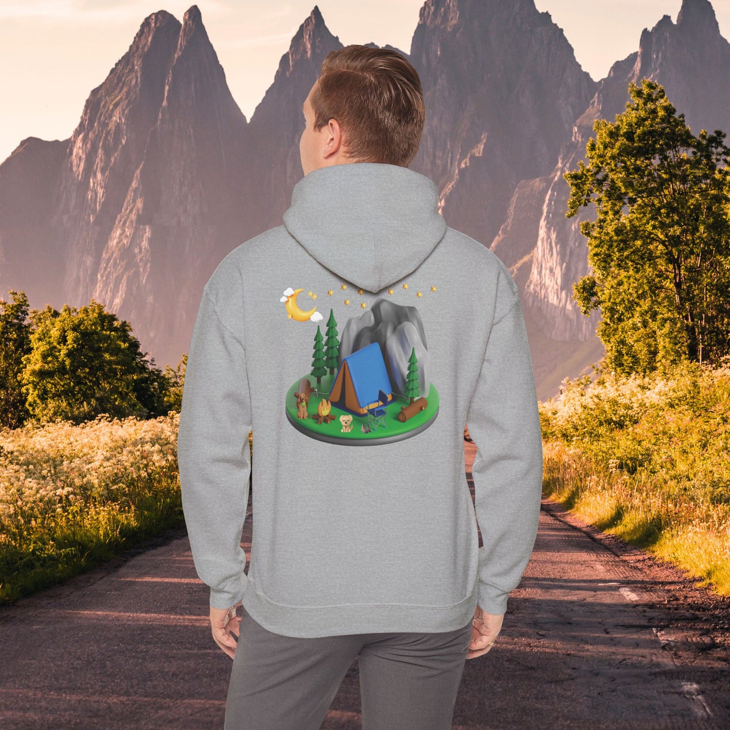 Mountain Camping Unisex Hoodie - Night Time Adventure with Your Dog