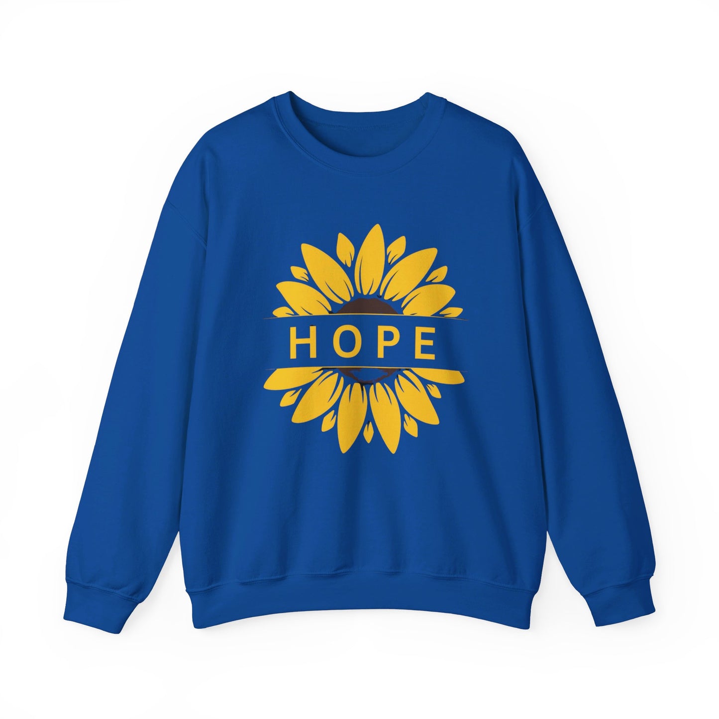 Beautiful sunflower with to inspire  “HOPE” comfy sweatshirt. Give the gift of this Unisex Heavy Blend™ Crewneck Sweatshirt or get one for yourself.