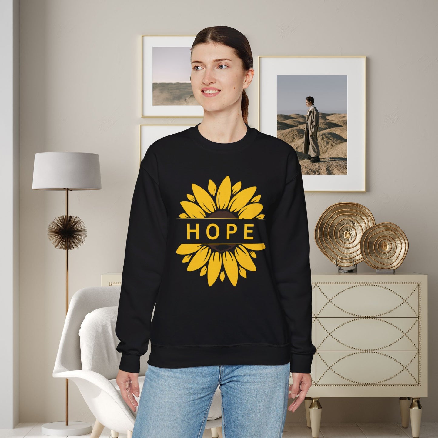 Beautiful sunflower with to inspire  “HOPE” comfy sweatshirt. Give the gift of this Unisex Heavy Blend™ Crewneck Sweatshirt or get one for yourself.