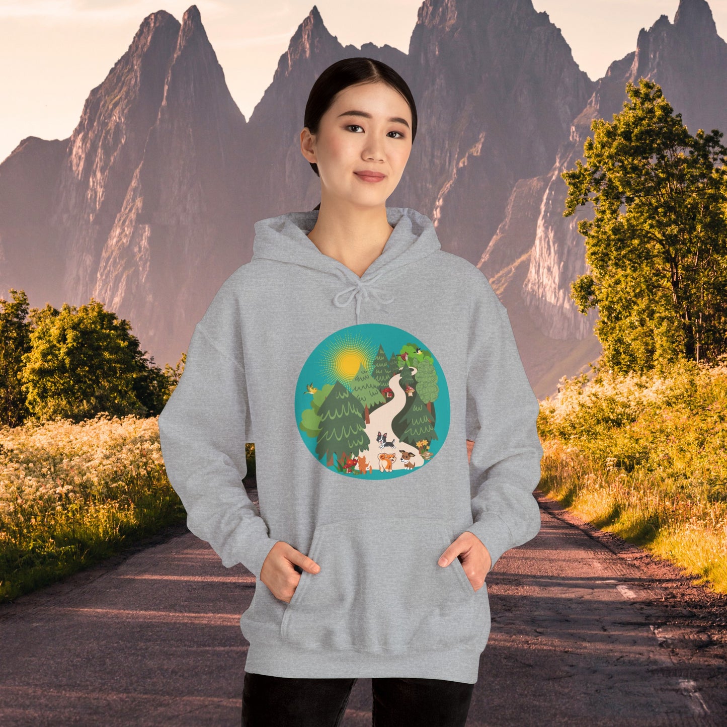 A nature walk with the doggies is so much fun! Enjoy this Unisex Heavy Blend™ Hooded Sweatshirt