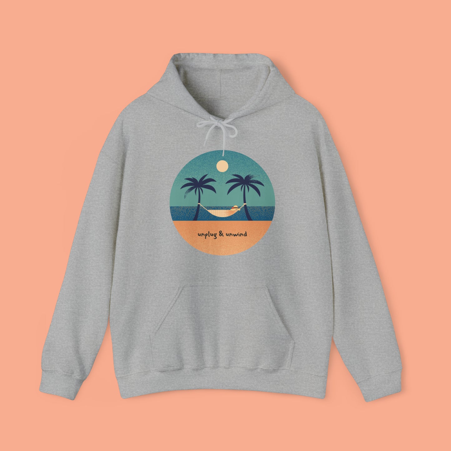 Unplug & unwind beneath a beach scene on this Unisex Heavy Blend™ Hooded Sweatshirt