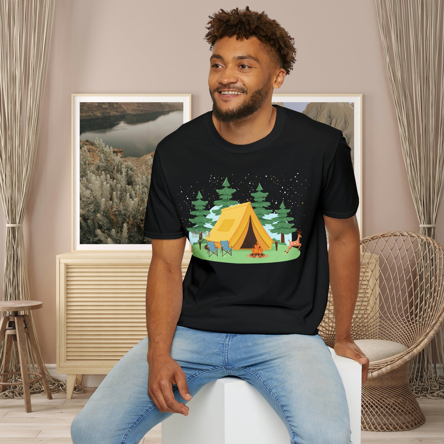 Camping can be so much fun! A happy place for many of us. Love of the great outdoors inspired design on this Unisex Softstyle T-Shirt.