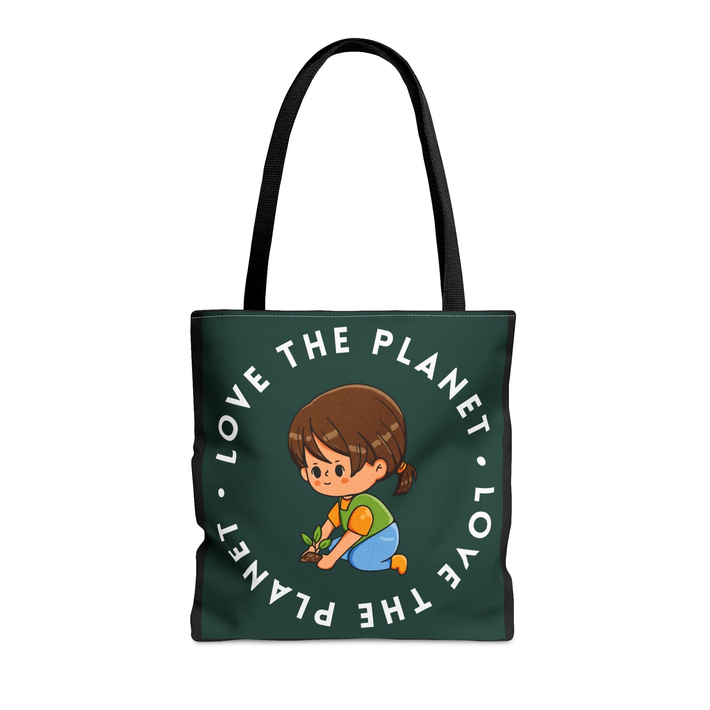 Caring kid planting a tree inside a  “LOVE THE PLANET” Tote Bag in 3 sizes to meet your needs. Available in black.