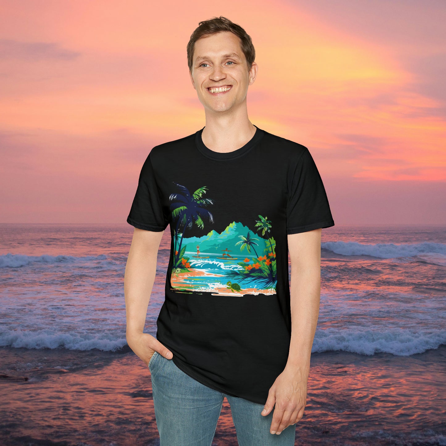 A peaceful paddle board yoga, anyone? With turtles, palm trees and yes the ocean and mountains. Enjoy! A Unisex Softstyle T-Shirt.