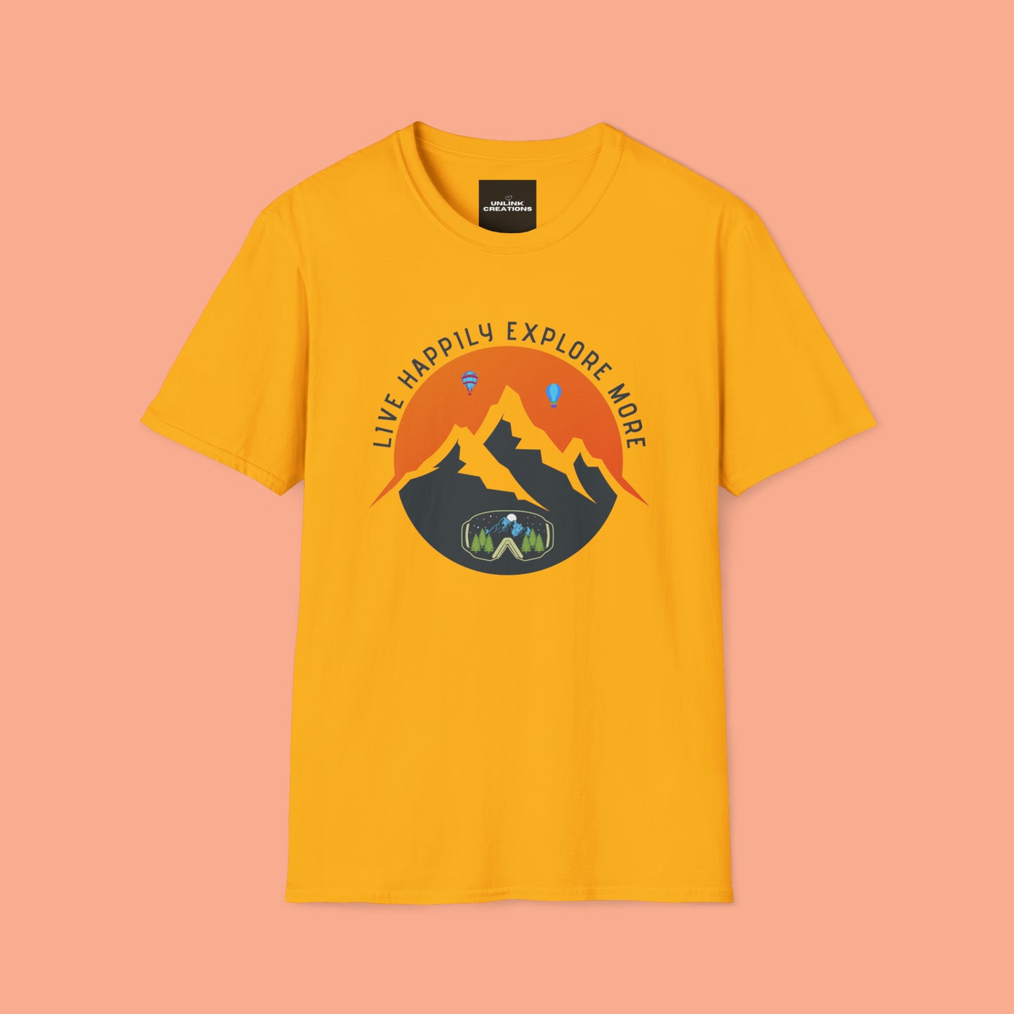 “LIVE HAPPILY EXPLORE MORE” message on this mountain sports inspired Unisex Softstyle T-Shirt.