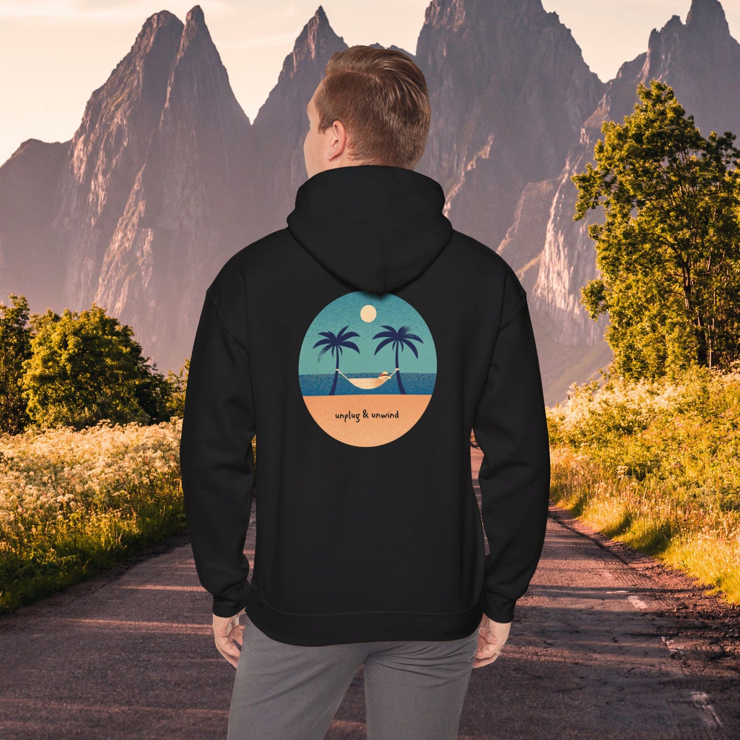 Unplug & unwind beneath a beach scene on this Unisex Heavy Blend™ Hooded Sweatshirt