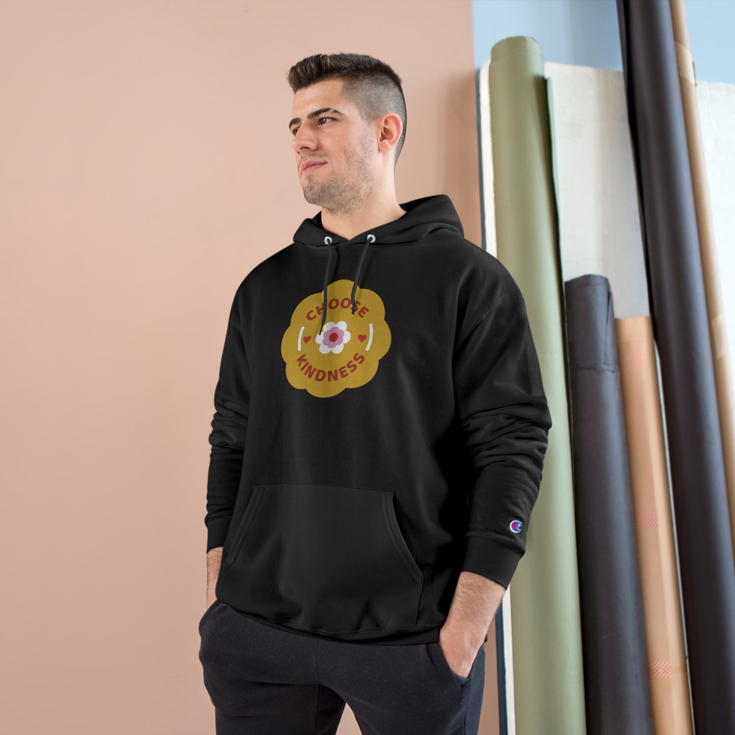 A very comfortable Champion Hoodie with a flowery Choose Kindness in front and Make someone smile today on the back.