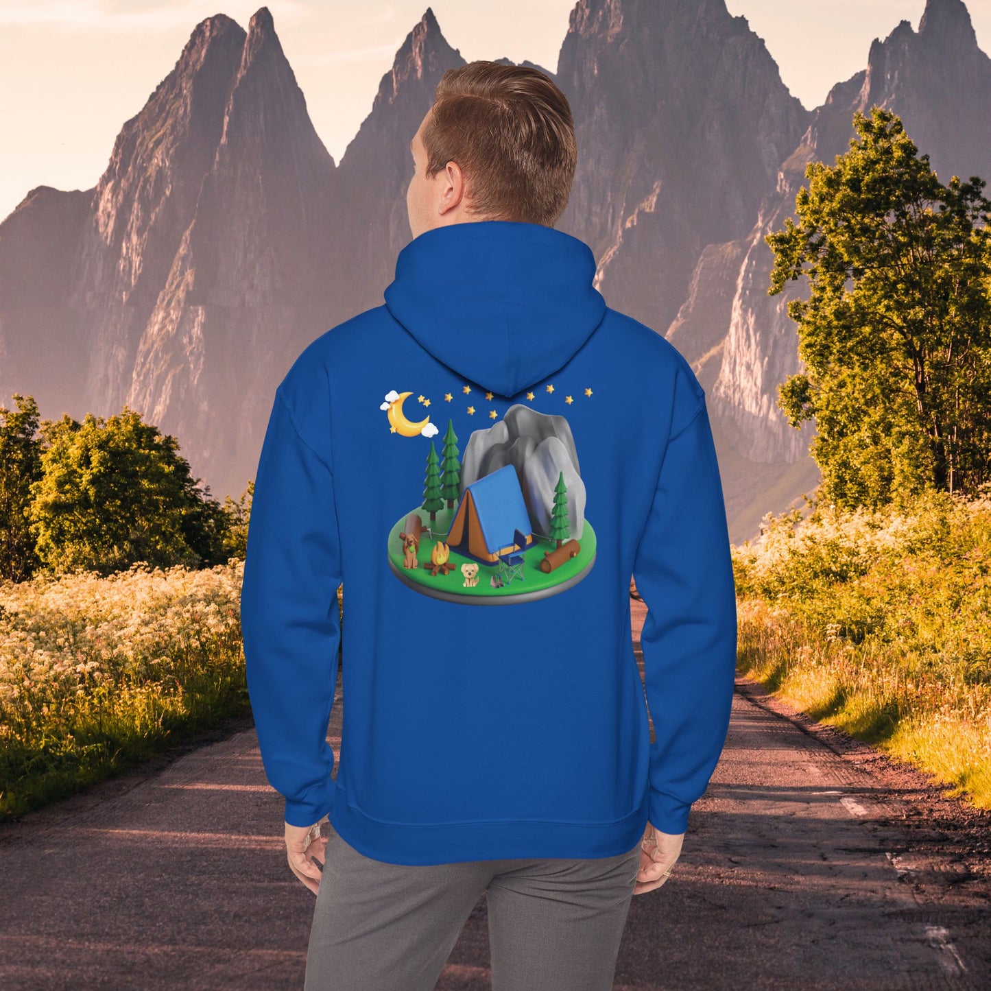 Mountain Camping Unisex Hoodie - Night Time Adventure with Your Dog