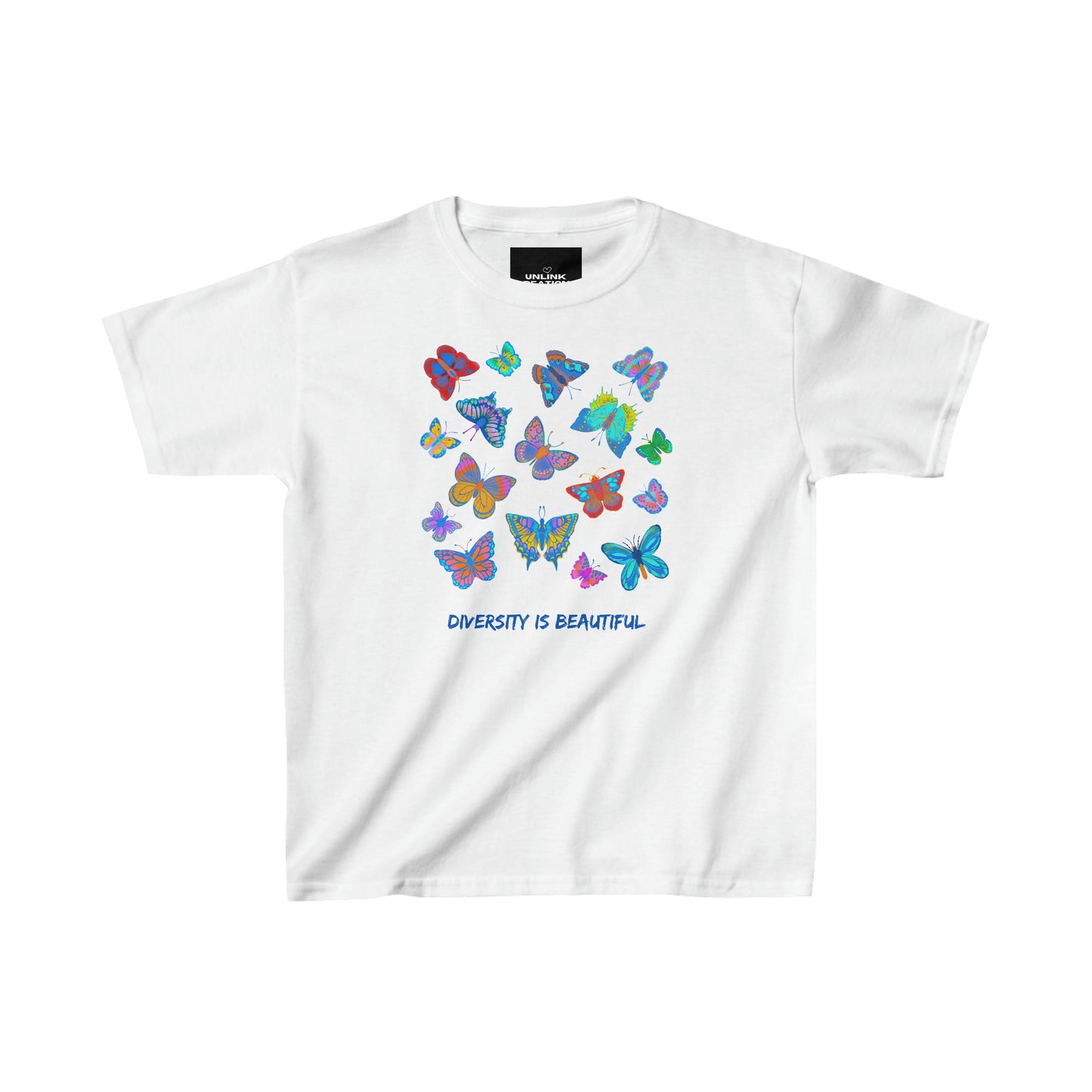 Lovely butterflies above “diversity is beautiful” message on this Kids Heavy Cotton™ Tee