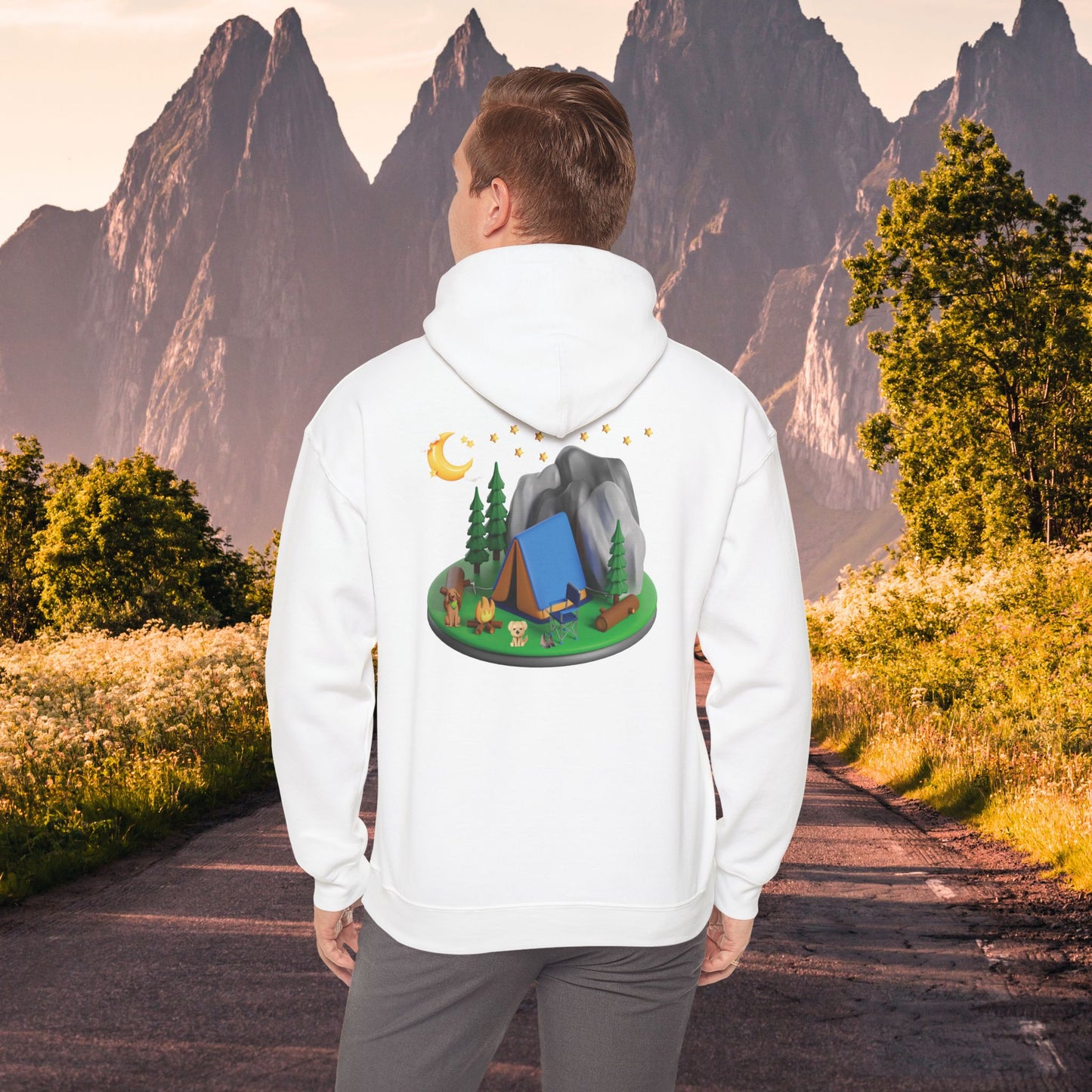 Mountain Camping Unisex Hoodie - Night Time Adventure with Your Dog