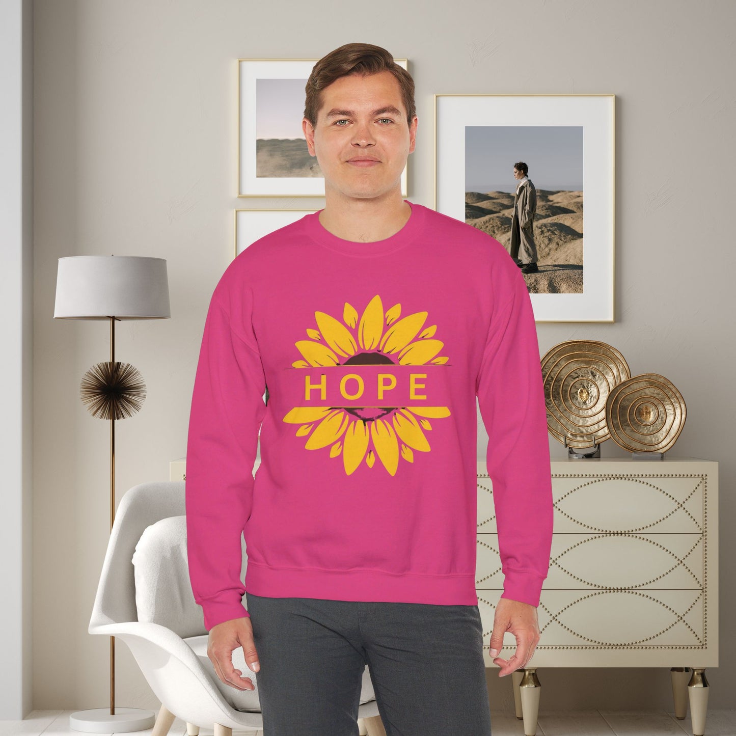 Beautiful sunflower with to inspire  “HOPE” comfy sweatshirt. Give the gift of this Unisex Heavy Blend™ Crewneck Sweatshirt or get one for yourself.