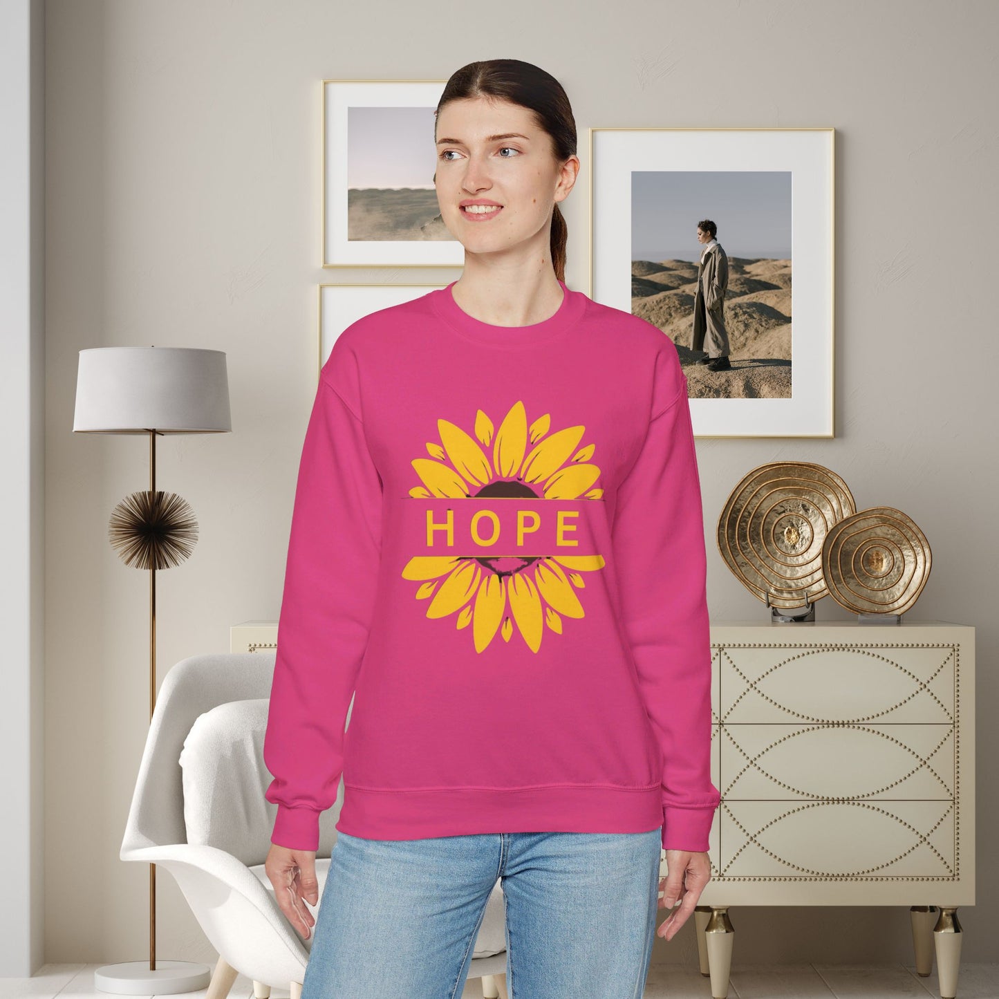 Beautiful sunflower with to inspire  “HOPE” comfy sweatshirt. Give the gift of this Unisex Heavy Blend™ Crewneck Sweatshirt or get one for yourself.