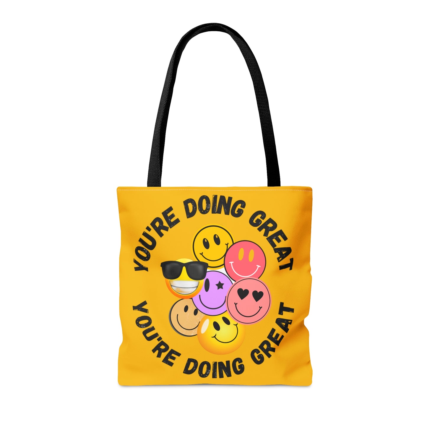 Positive feedback “YOU ARE DOING GREAT” makes us smile with this colorful Tote Bag in 3 sizes to meet your needs.