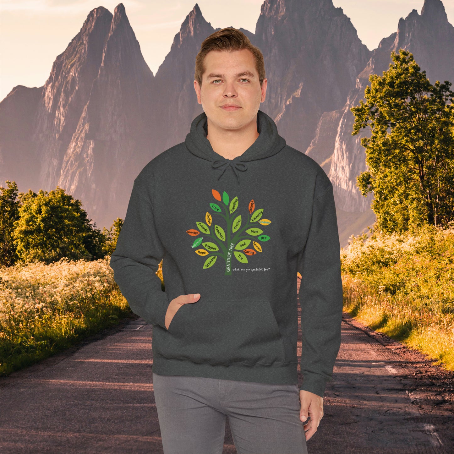 A gratitude tree full of those we are thankful for is the message on this Unisex Heavy Blend™ Hooded Sweatshirt