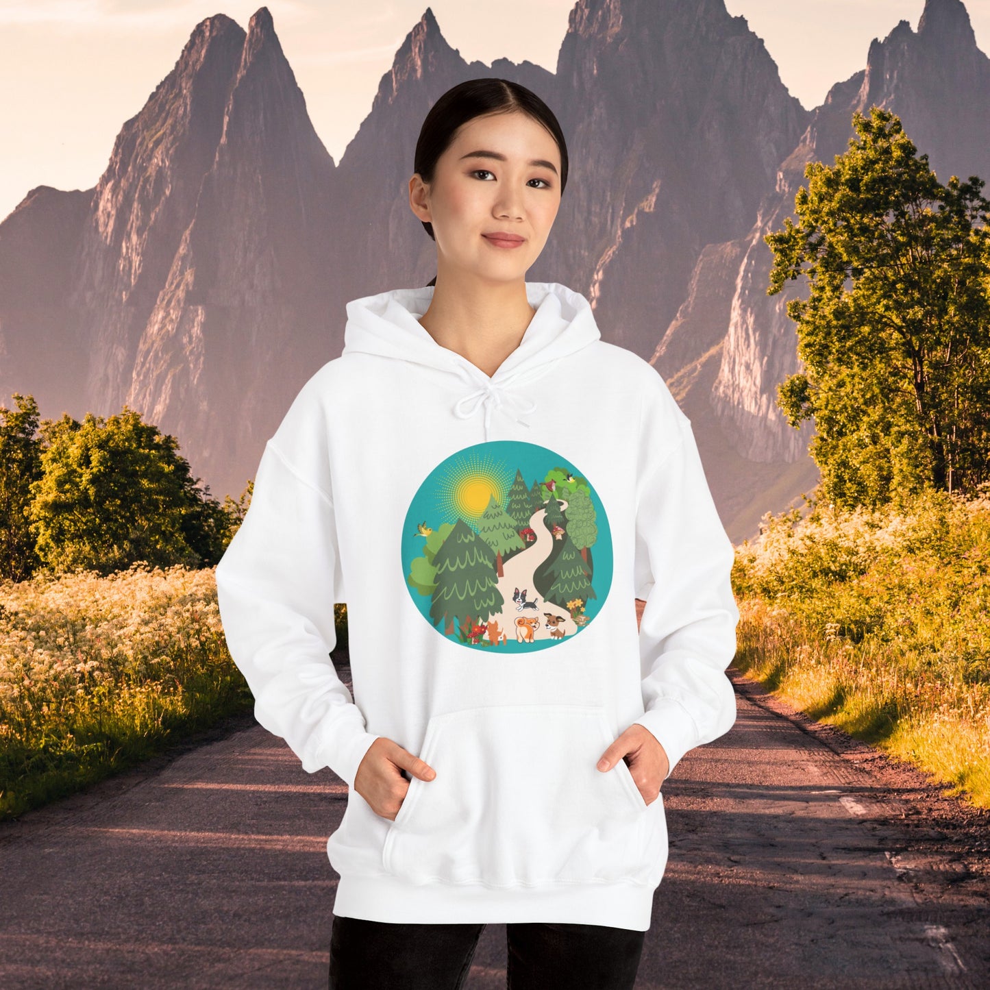 A nature walk with the doggies is so much fun! Enjoy this Unisex Heavy Blend™ Hooded Sweatshirt