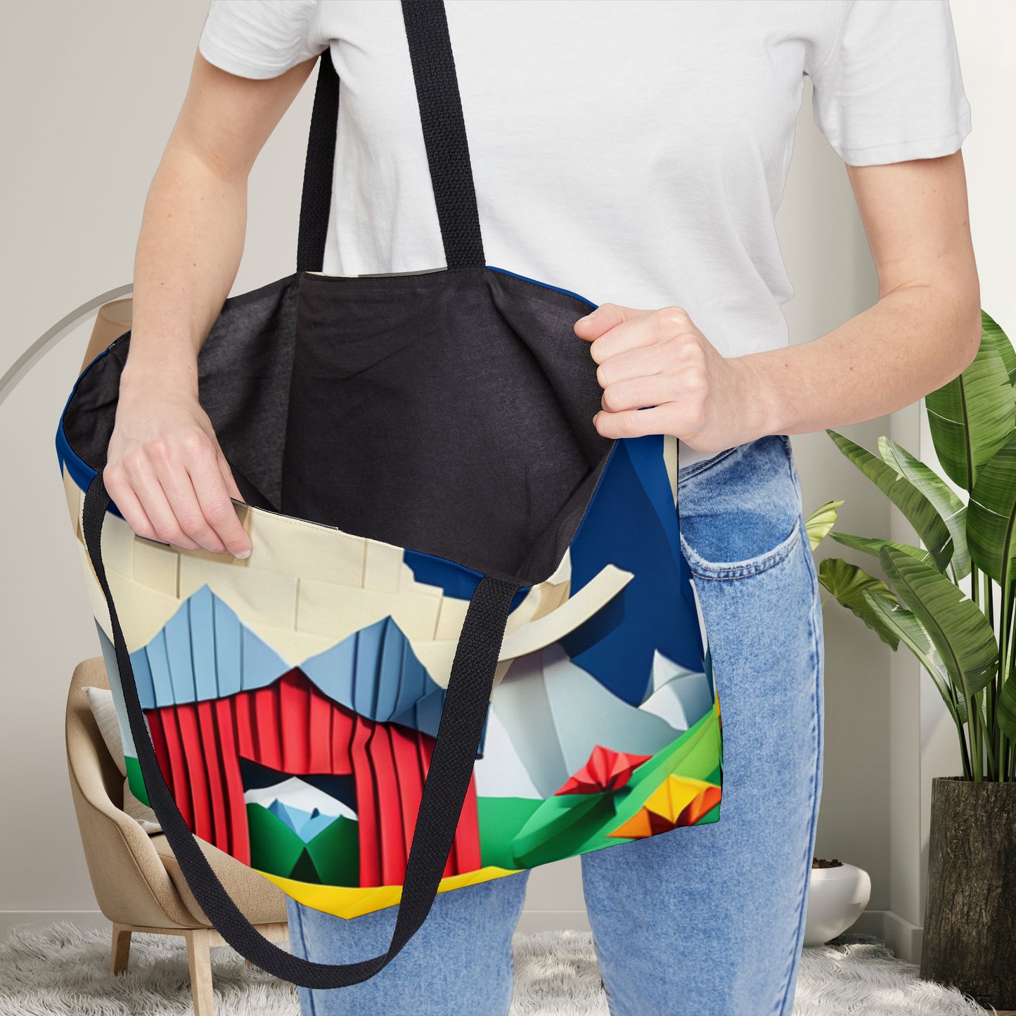 Pig in a farmhouse in origami style inspired scenery on this beautiful Weekender Tote Bag.