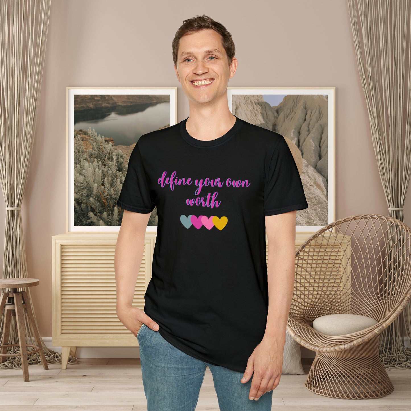 Motivational message to “define your own worth” instead of letting others do it for you on this Unisex Softstyle T-Shirt.