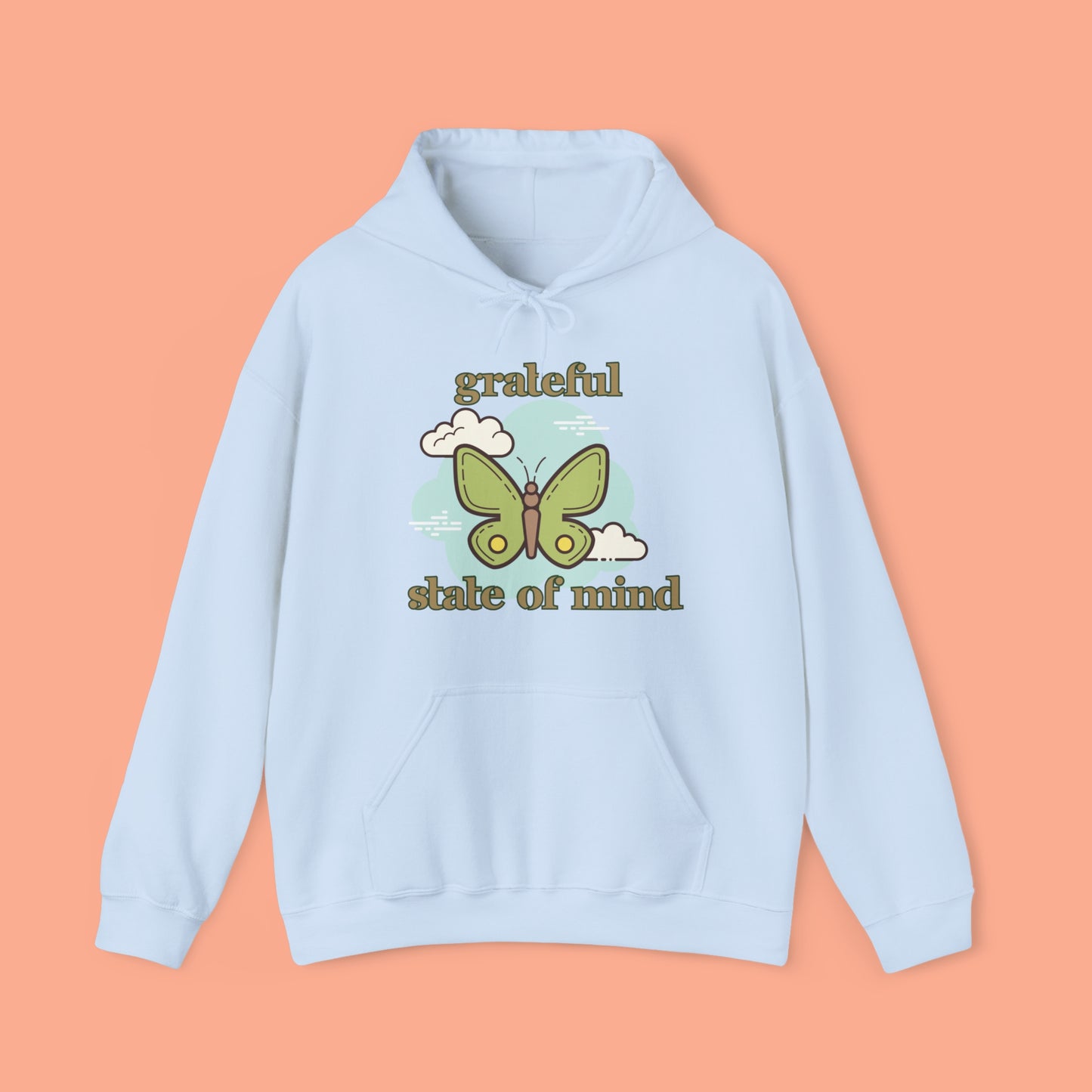 Grateful state of mind around a simple butterfly design on this Unisex Heavy Blend™ Hooded Sweatshirt