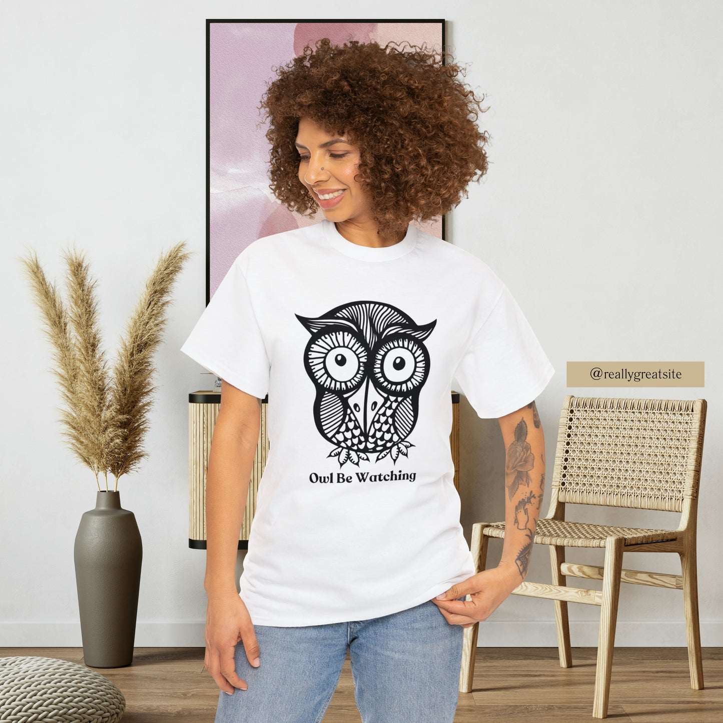 Owl be watching caption Unisex Heavy Cotton Tee. Beautiful owl design for your enjoyment.