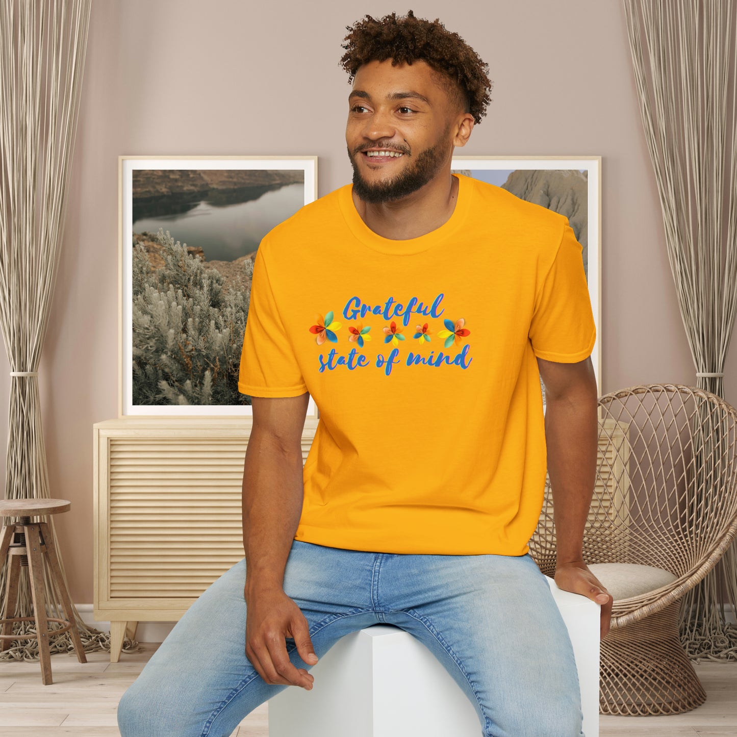 A "grateful state of mind" is a wonderful state to be in. Our mindsets have tremendous impact in our perspectives. This is a Unisex Softstyle T-Shirt.