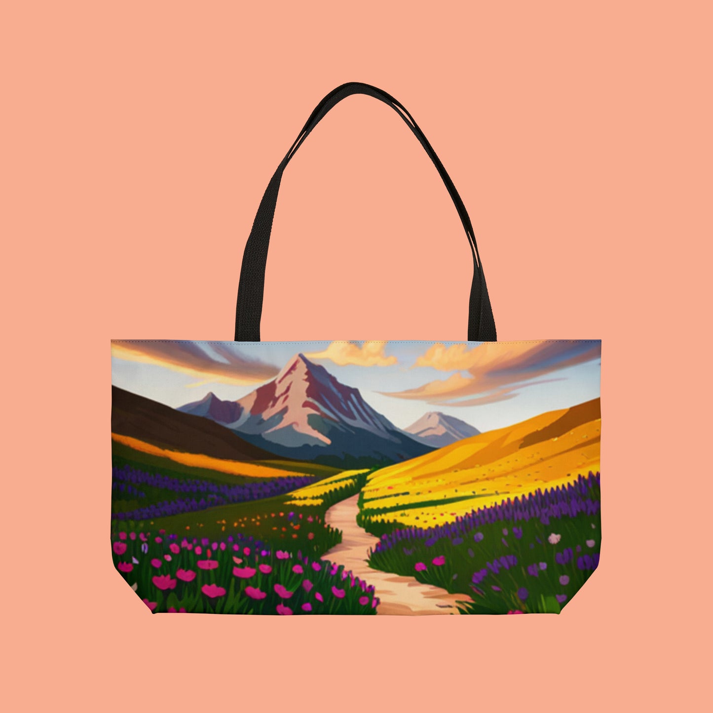 Inviting mountain hiking trail and scenery on this beautiful Weekender Tote Bag.