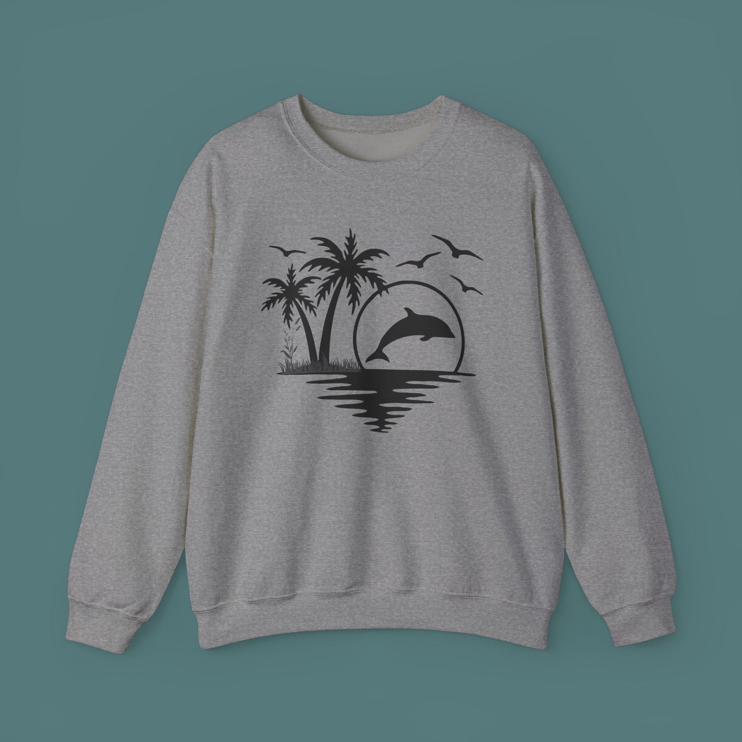 Silhouettes of palm trees, playful dolphin, and the ocean water make this cozy sweatshirt. Give the gift of this Unisex Heavy Blend™ Crewneck Sweatshirt or get one for yourself.