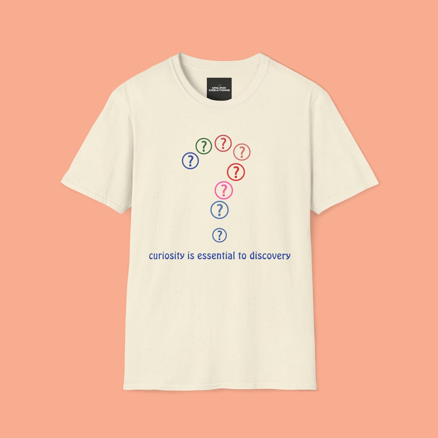 A question mark made of question marks above “curiosity is essential to discovery” message design on this Unisex Softstyle T-Shirt design.