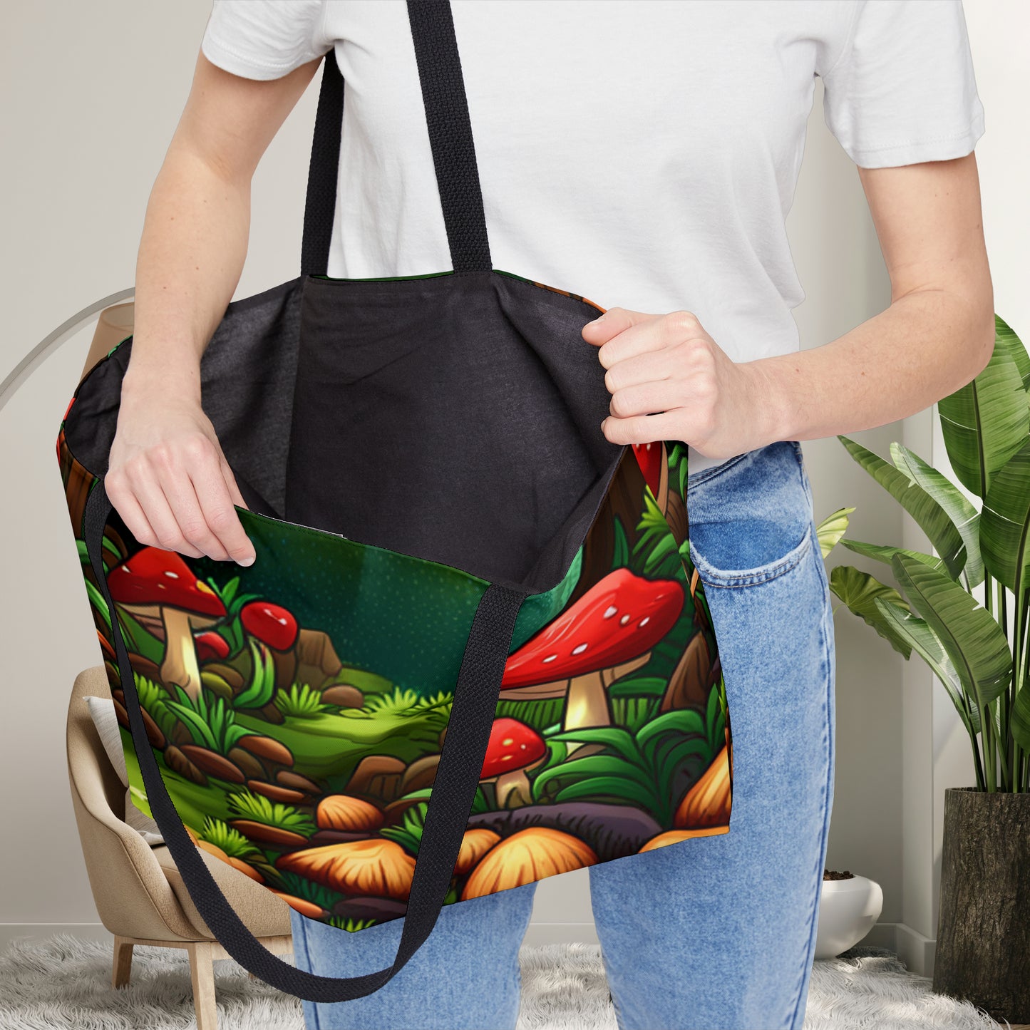 Mushrooms thriving in the forest inspires this design on this Weekender Tote Bag.