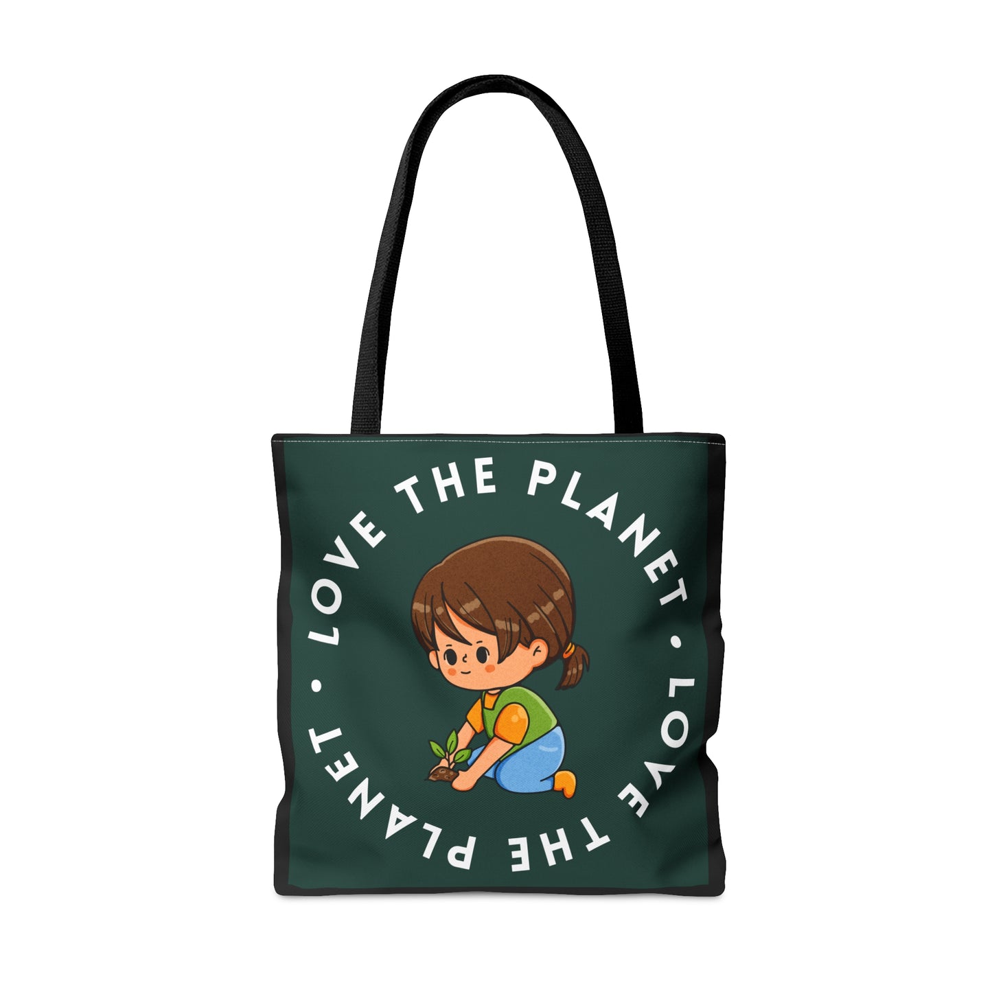 Caring kid planting a tree inside a  “LOVE THE PLANET” Tote Bag in 3 sizes to meet your needs. Available in black.