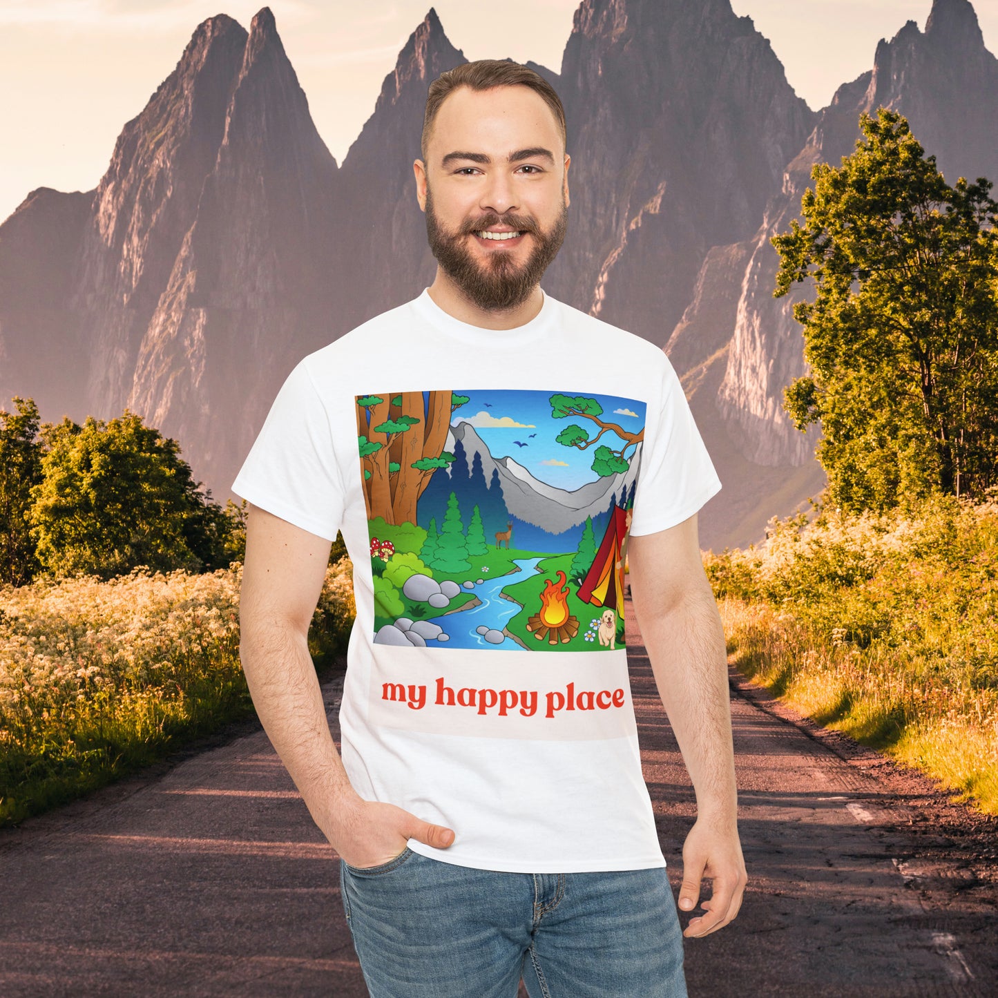 A great shirt for those who love camping in the great outdoors! This Unisex Heavy Cotton Tee is designed to inspire us to spend more time being happy in the great outdoors. Camp, hike and be one with nature.