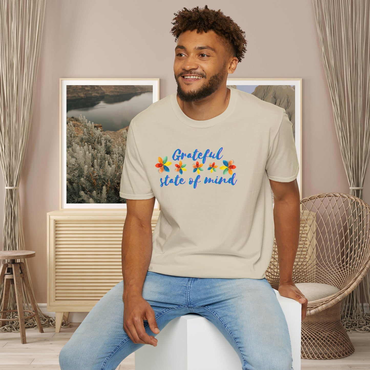 A "grateful state of mind" is a wonderful state to be in. Our mindsets have tremendous impact in our perspectives. This is a Unisex Softstyle T-Shirt.