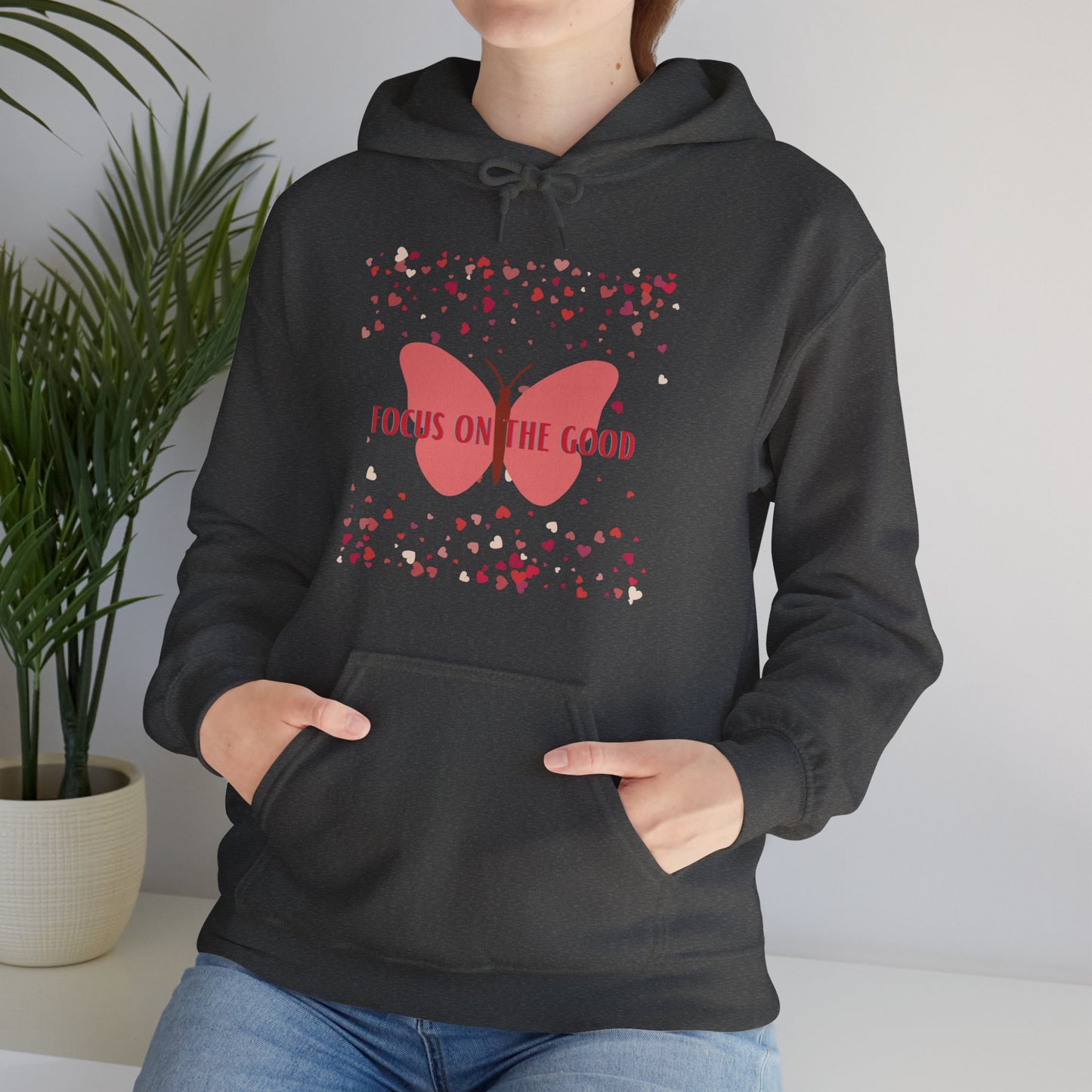 Focus on the good message on this butterfly and heart filled designed Unisex Heavy Blend™ Hooded Sweatshirt