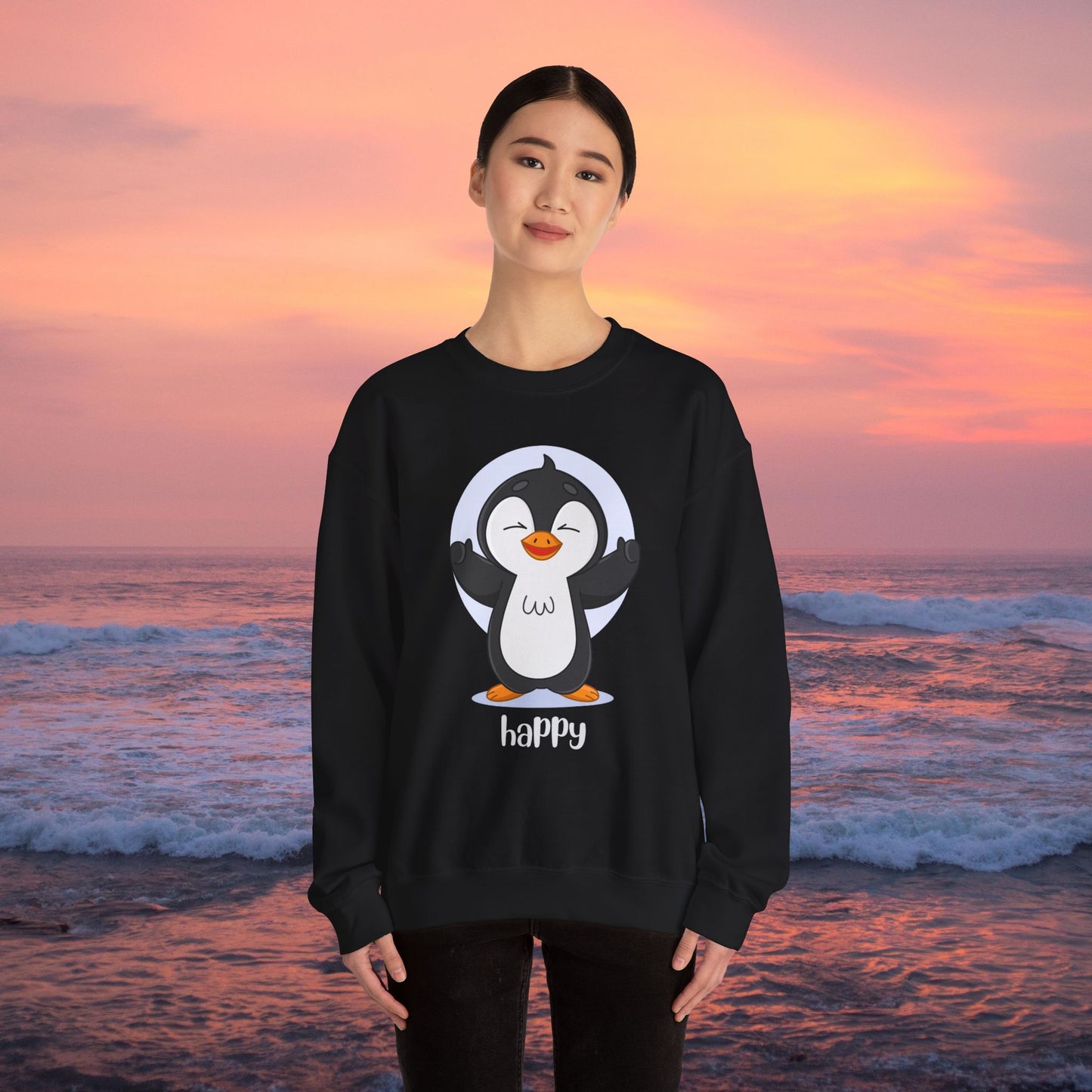 Penguin Crewneck Sweatshirt with Happy Typography