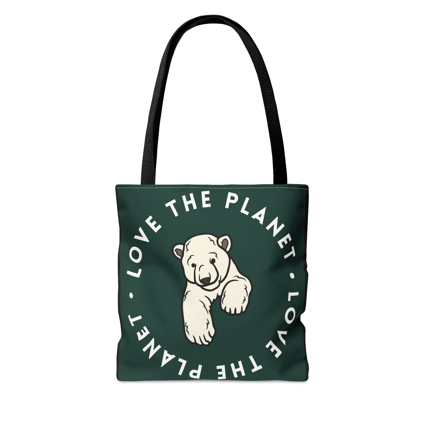 Polar bear inside a  “LOVE THE PLANET” Tote Bag in 3 sizes to meet your needs. Available in black.