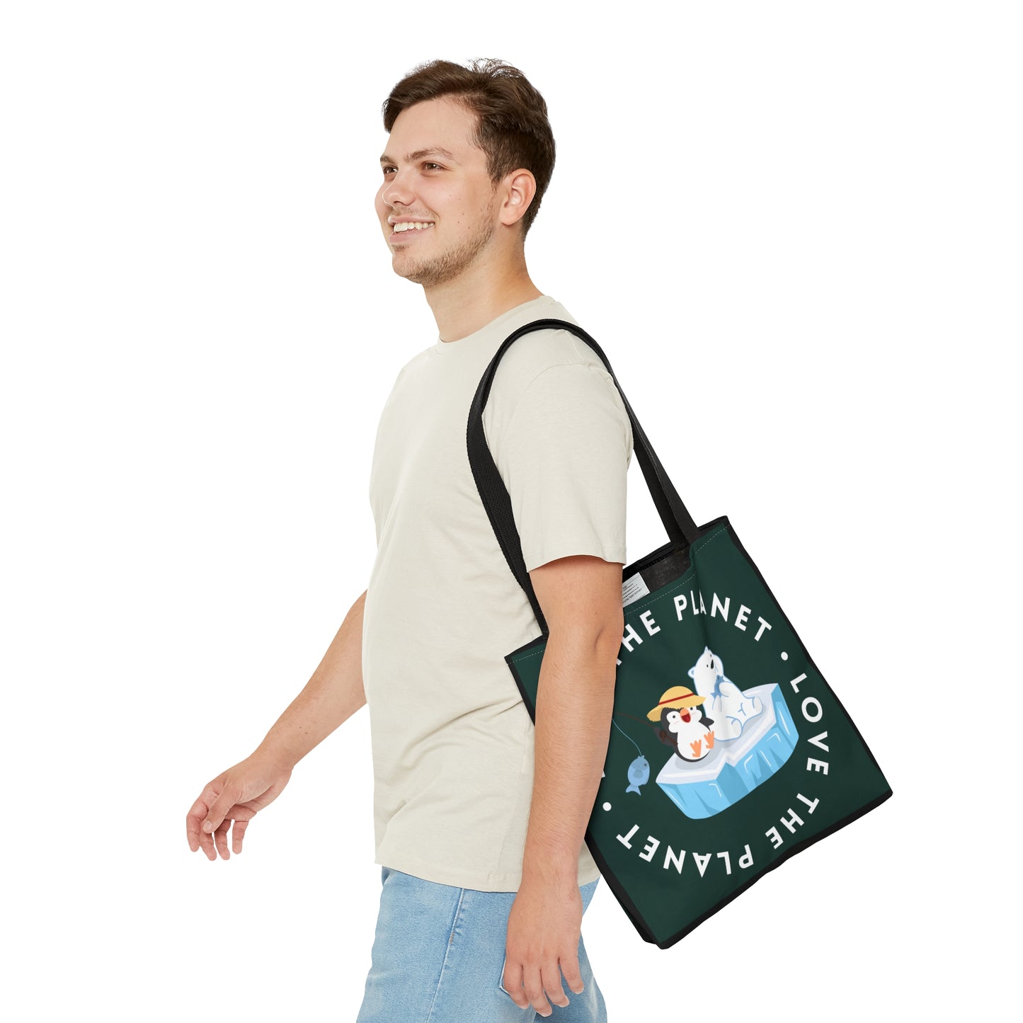 Cute polar bear, penguin and fish inside a  “LOVE THE PLANET” Tote Bag in 3 sizes to meet your needs.