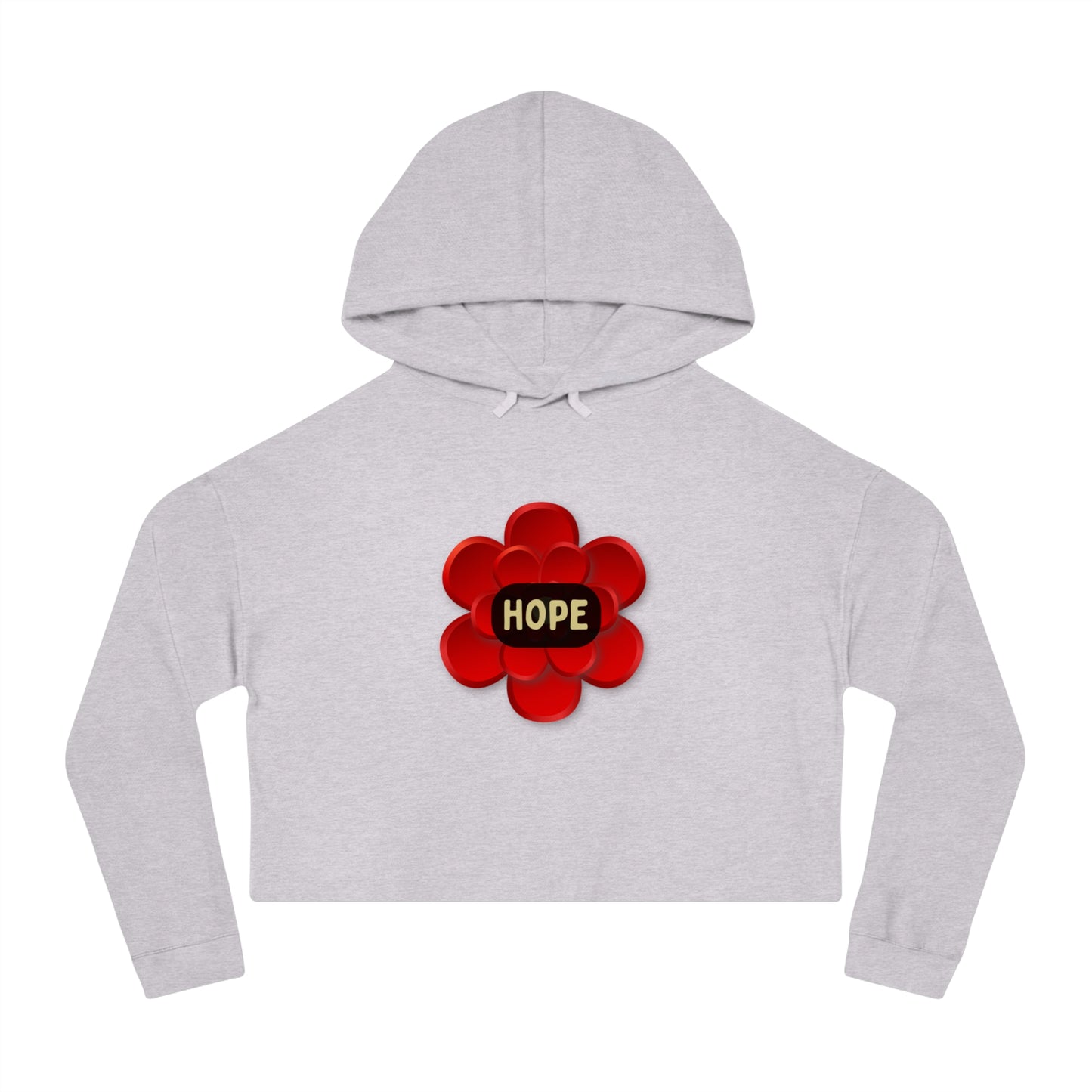 Bright “HOPE” with within red flower design on this stylish Women’s Cropped Hooded Sweatshirt for your enjoyment.