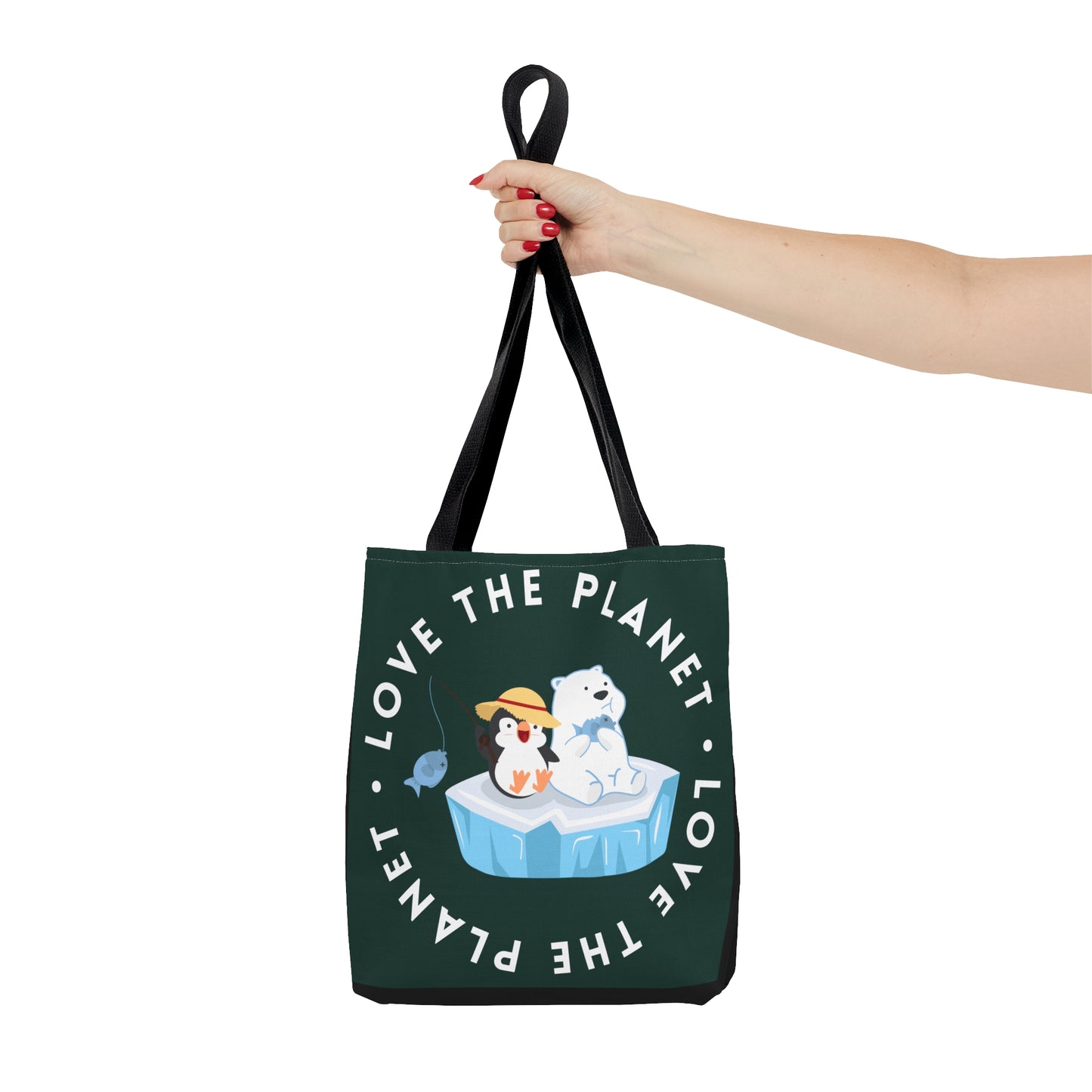 Cute polar bear, penguin and fish inside a  “LOVE THE PLANET” Tote Bag in 3 sizes to meet your needs.